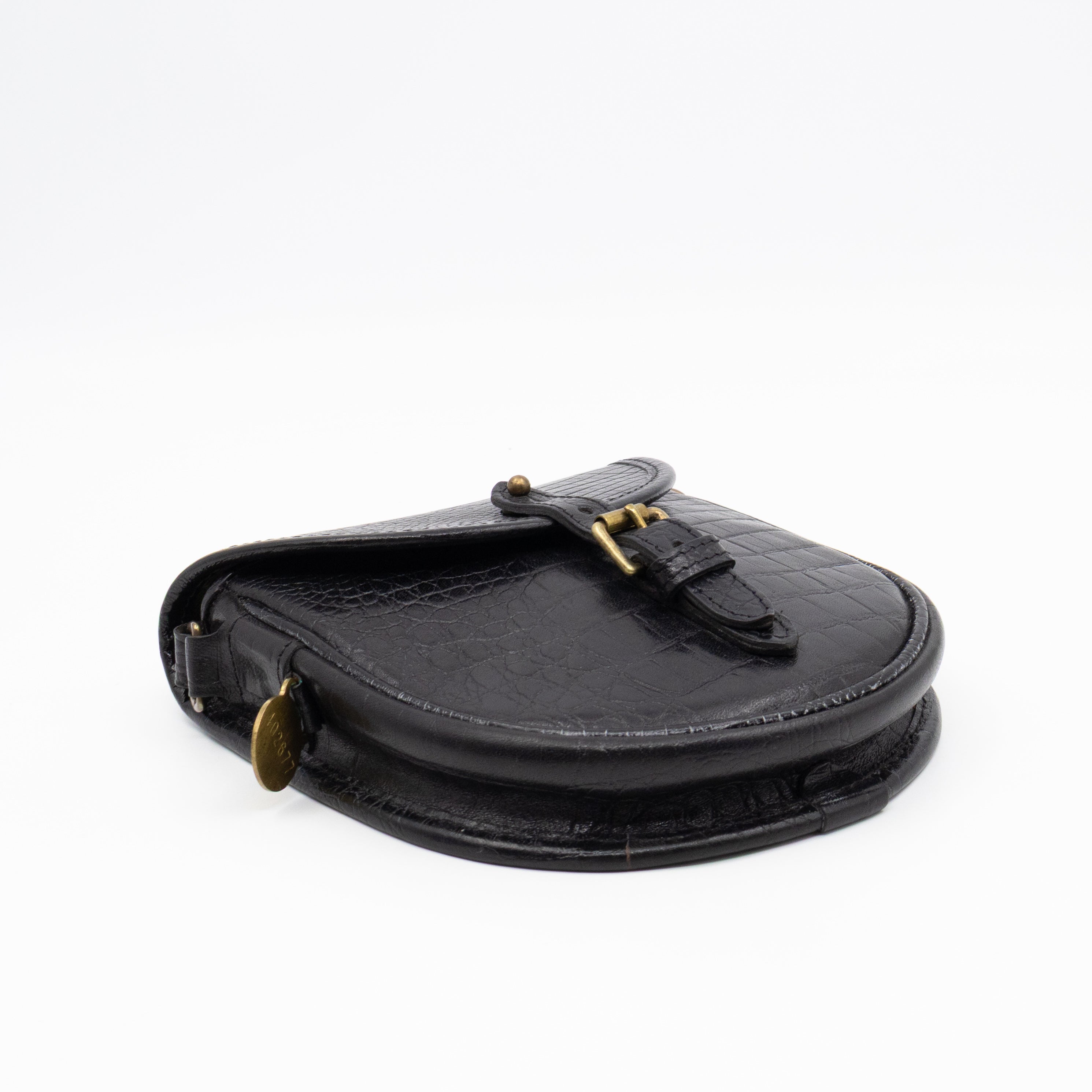 Vintage Crossbody Bag Black Croc Embossed Leather