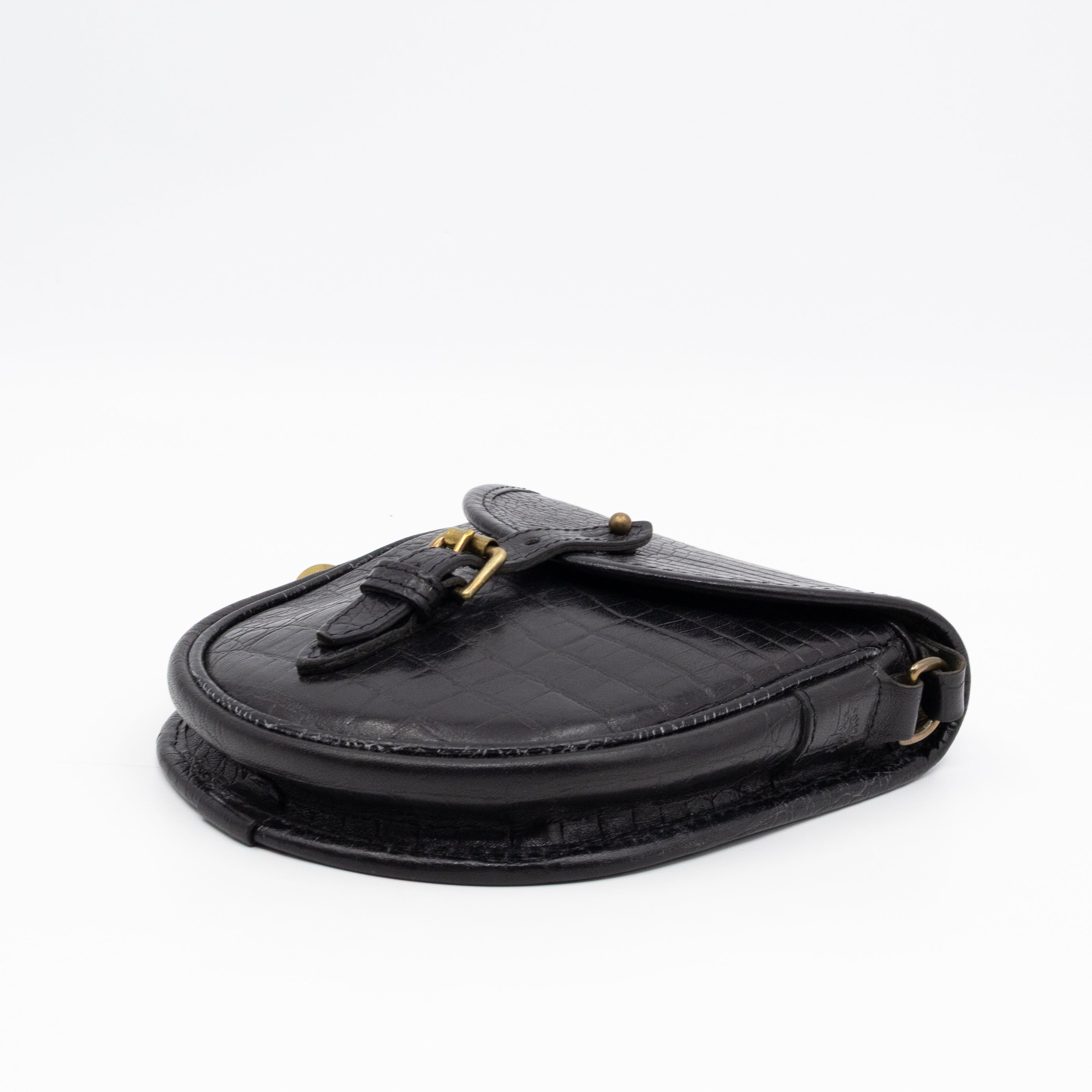 Vintage Crossbody Bag Black Croc Embossed Leather