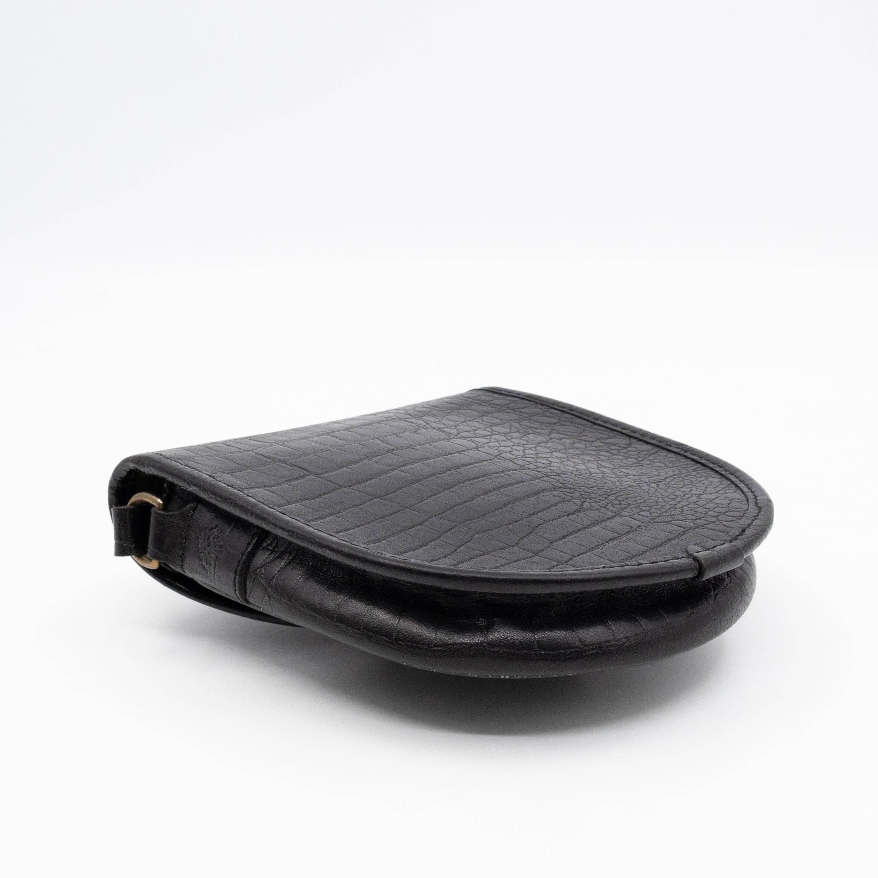 Vintage Crossbody Bag Black Croc Embossed Leather