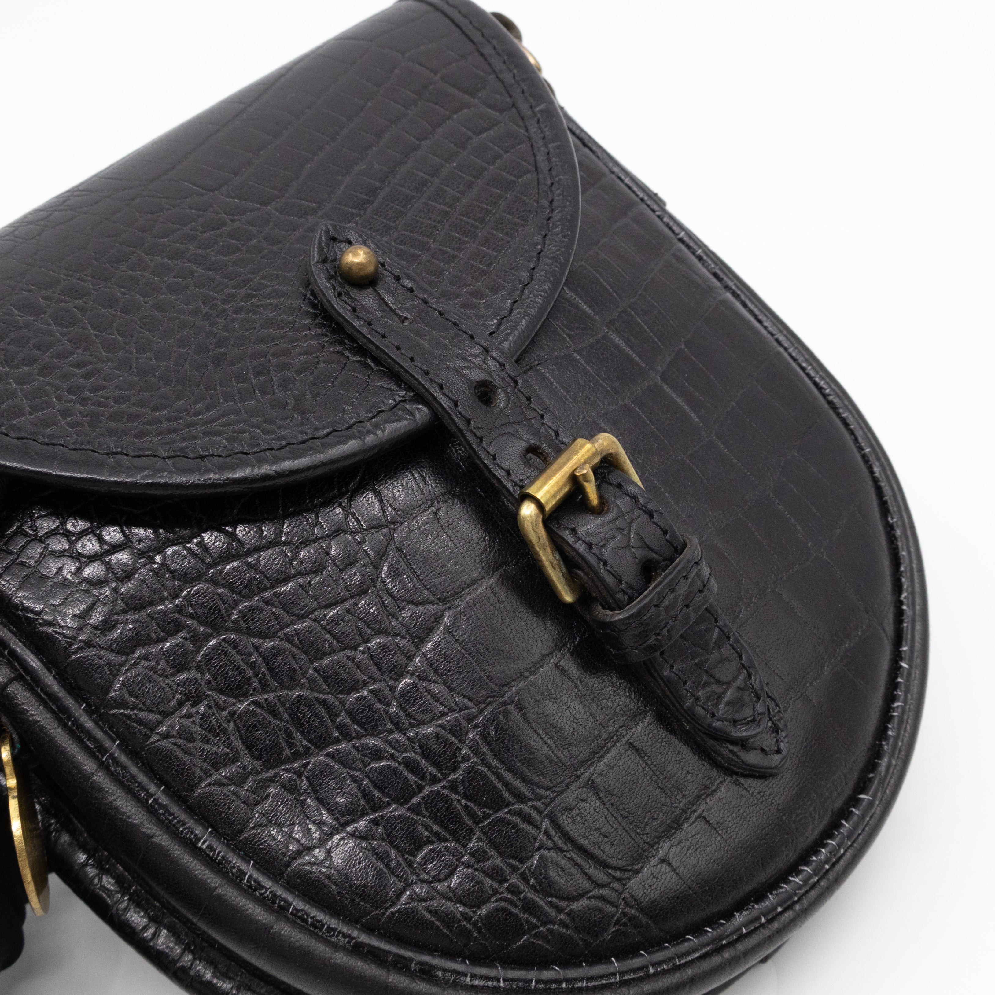 Vintage Crossbody Bag Black Croc Embossed Leather