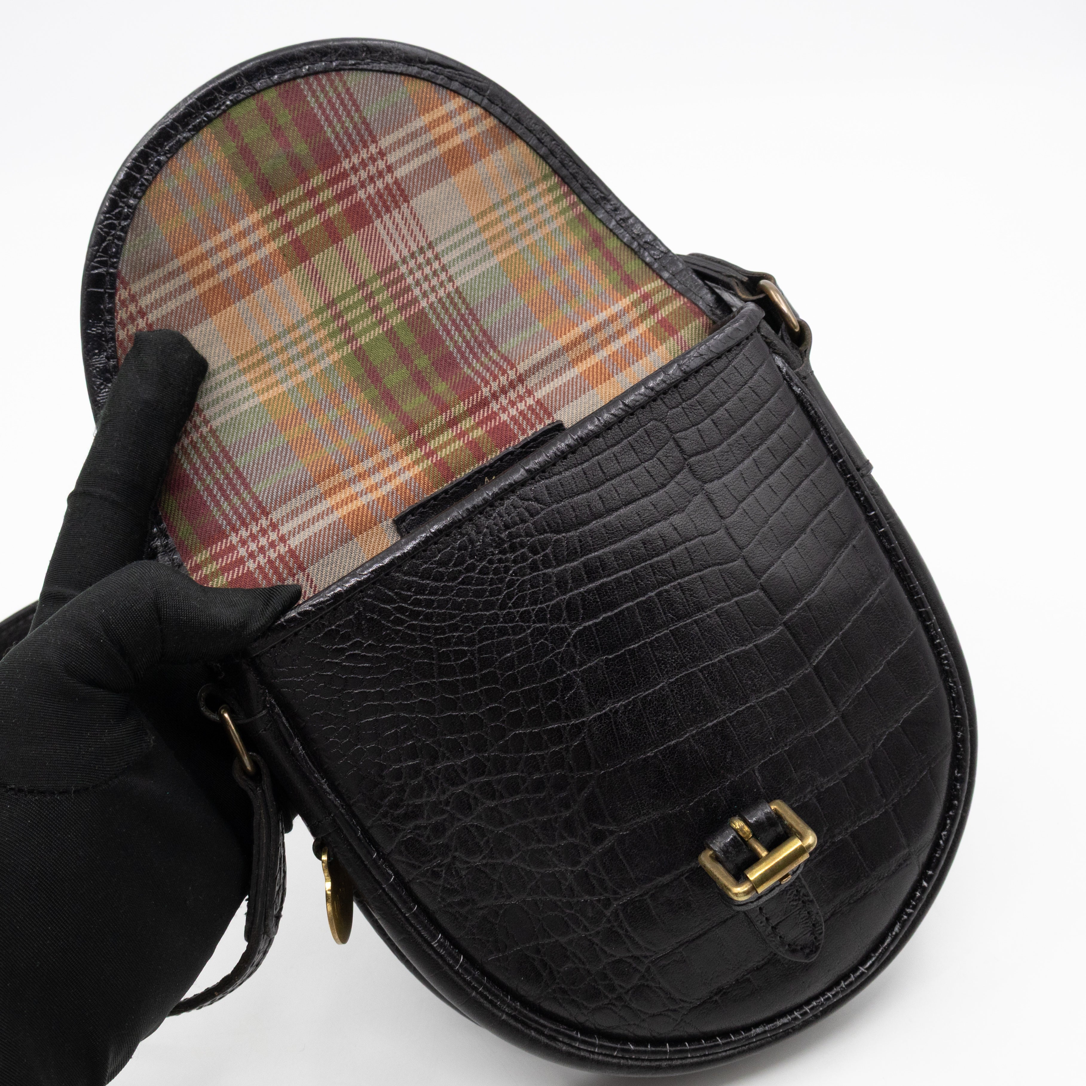 Vintage Crossbody Bag Black Croc Embossed Leather