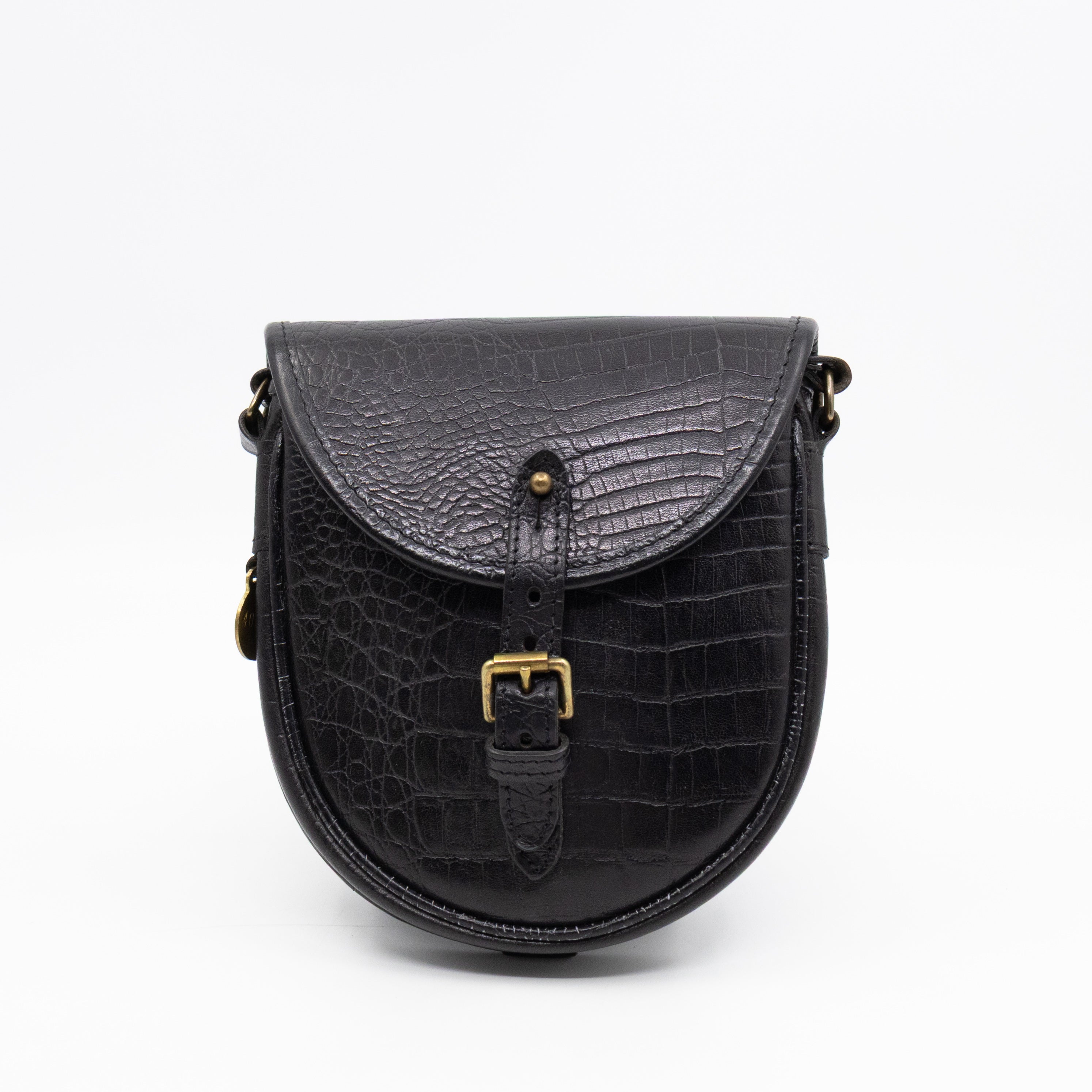 Vintage Crossbody Bag Black Croc Embossed Leather