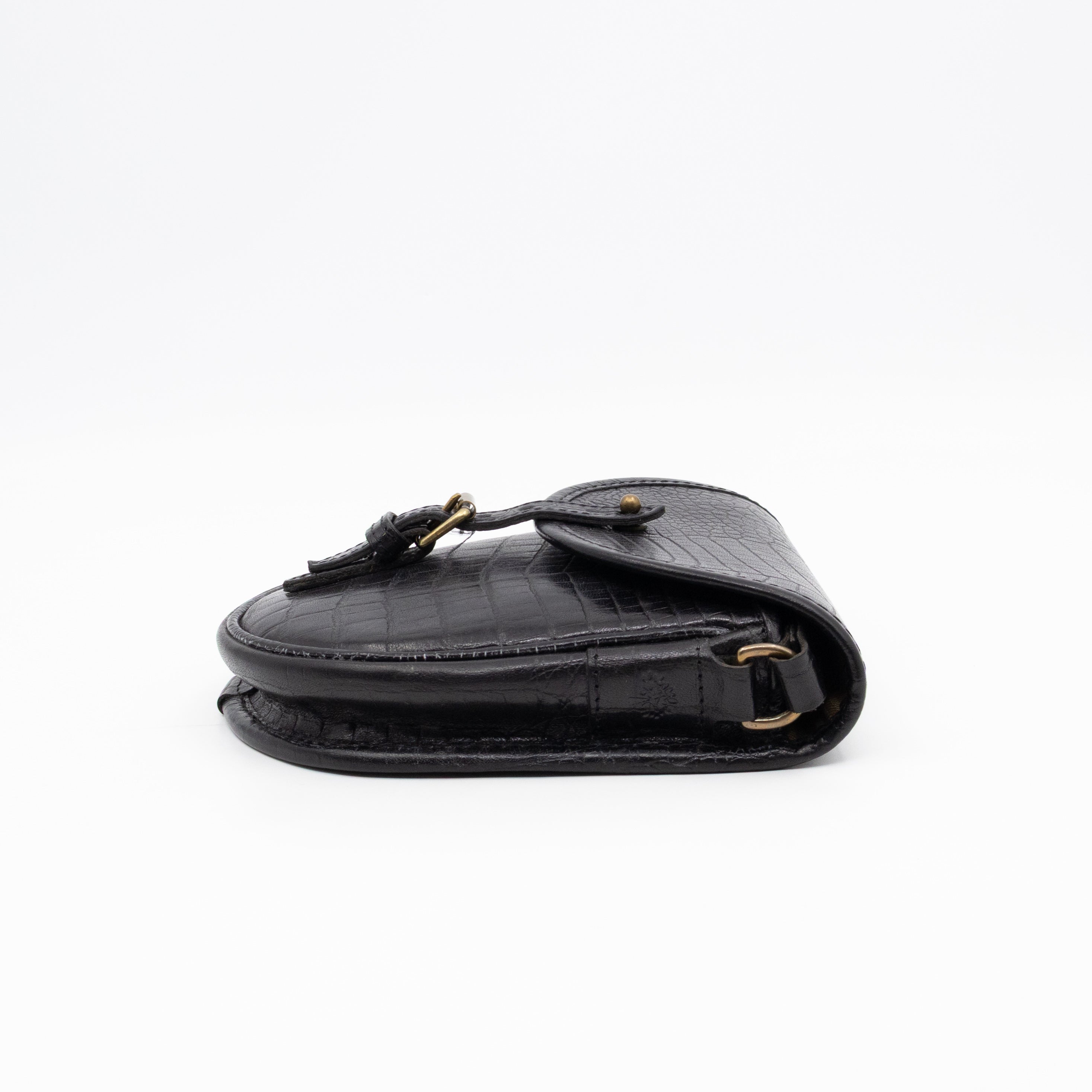 Vintage Crossbody Bag Black Croc Embossed Leather