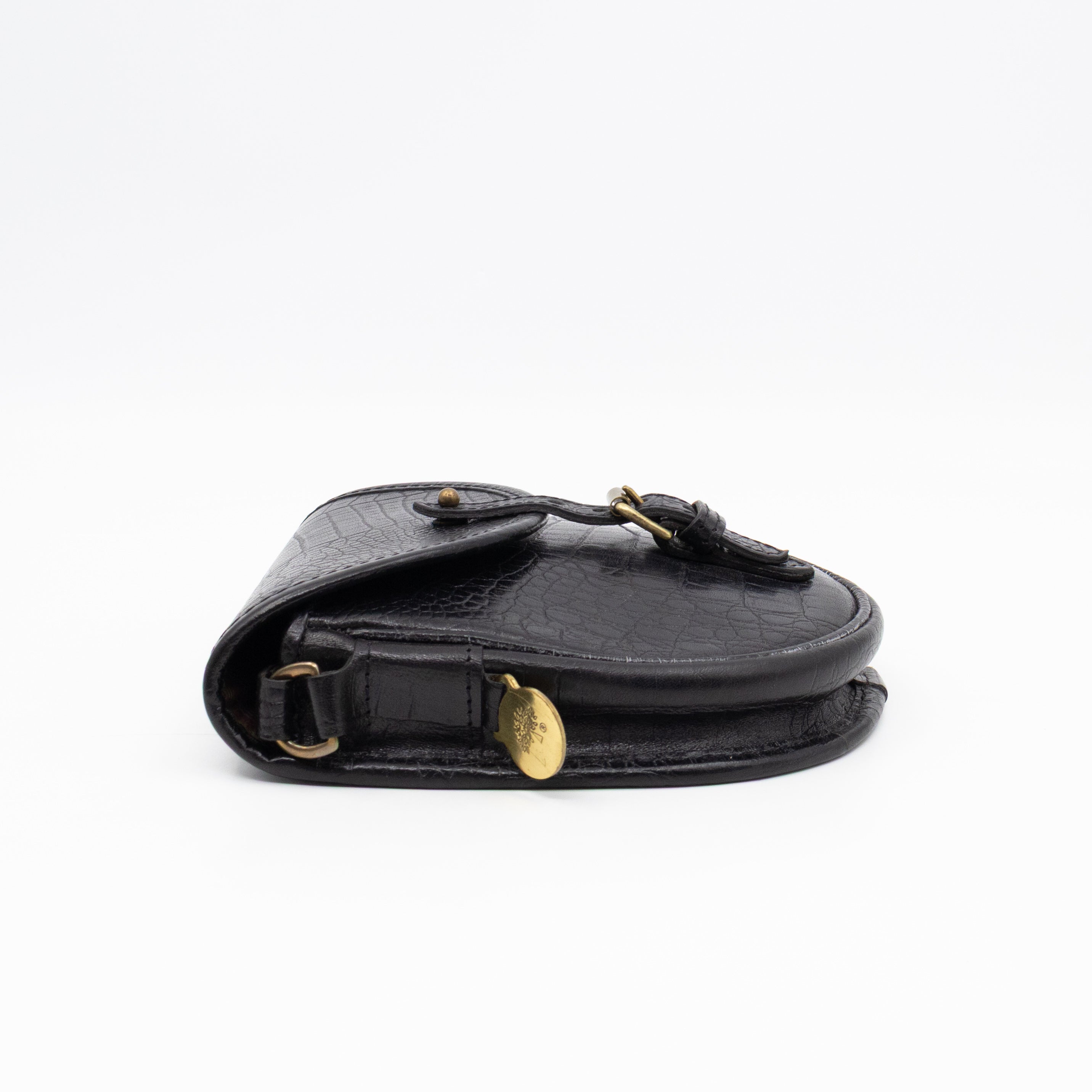 Vintage Crossbody Bag Black Croc Embossed Leather