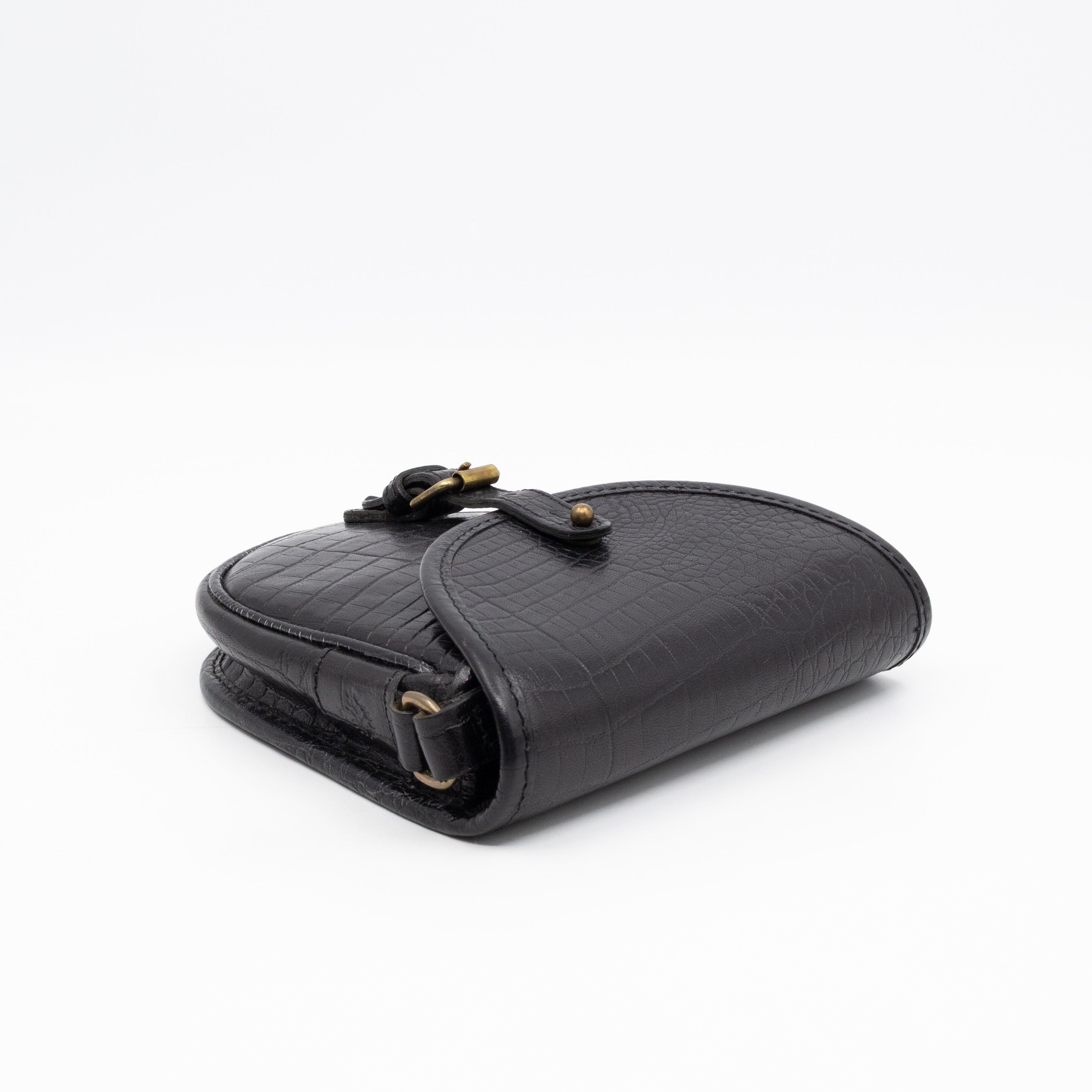 Vintage Crossbody Bag Black Croc Embossed Leather
