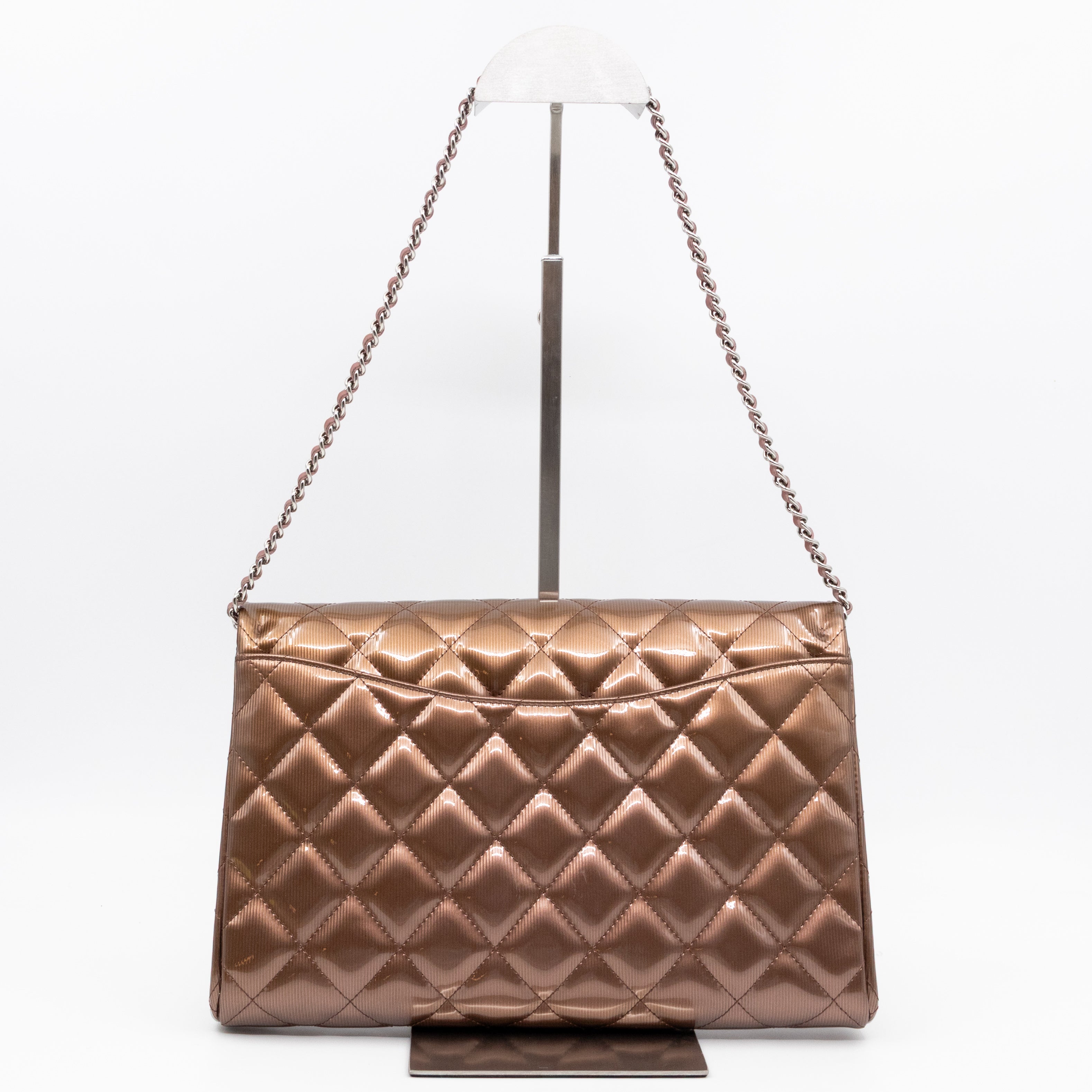 Timeless Clutch with Chain Bronze Striated Patent Leather