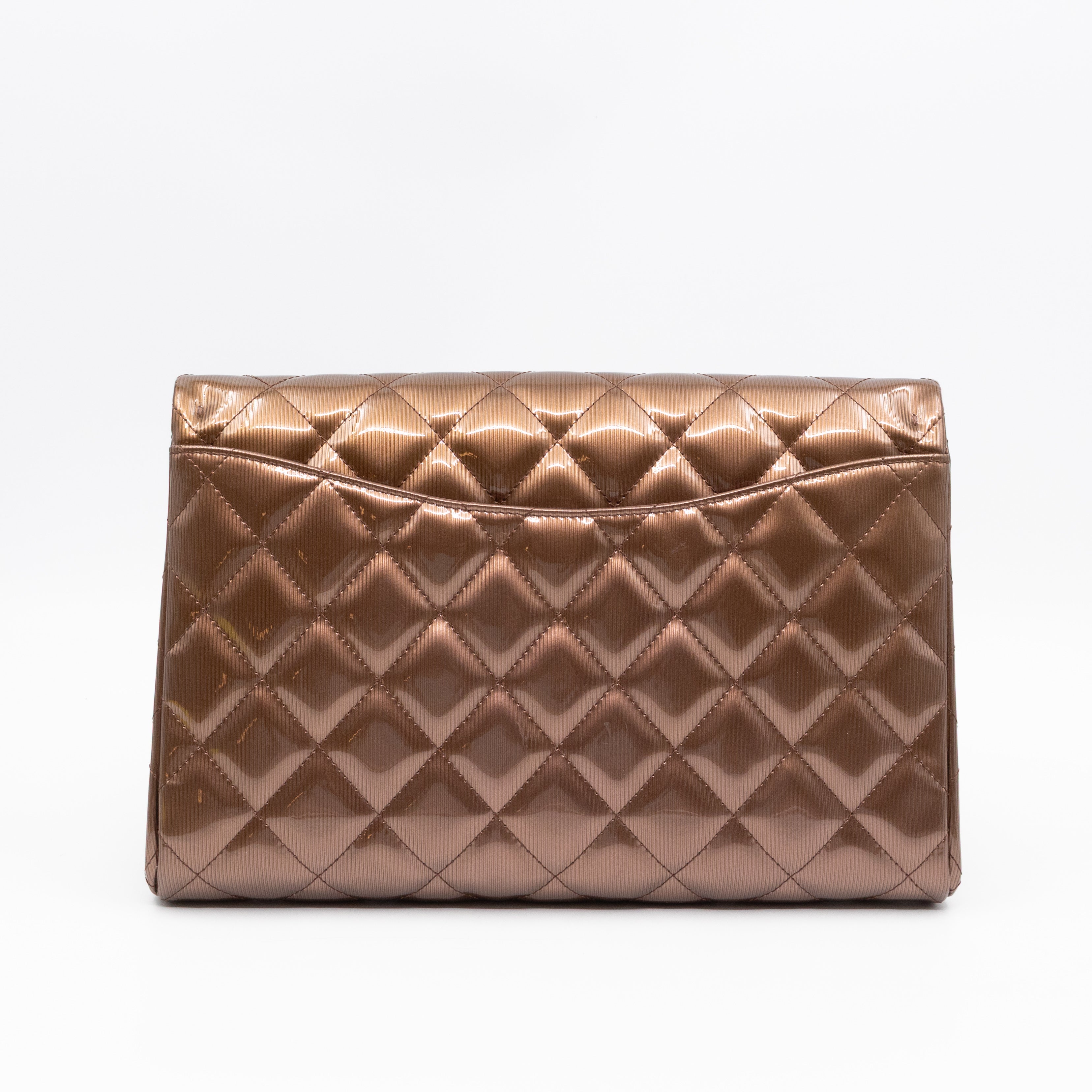 Timeless Clutch with Chain Bronze Striated Patent Leather