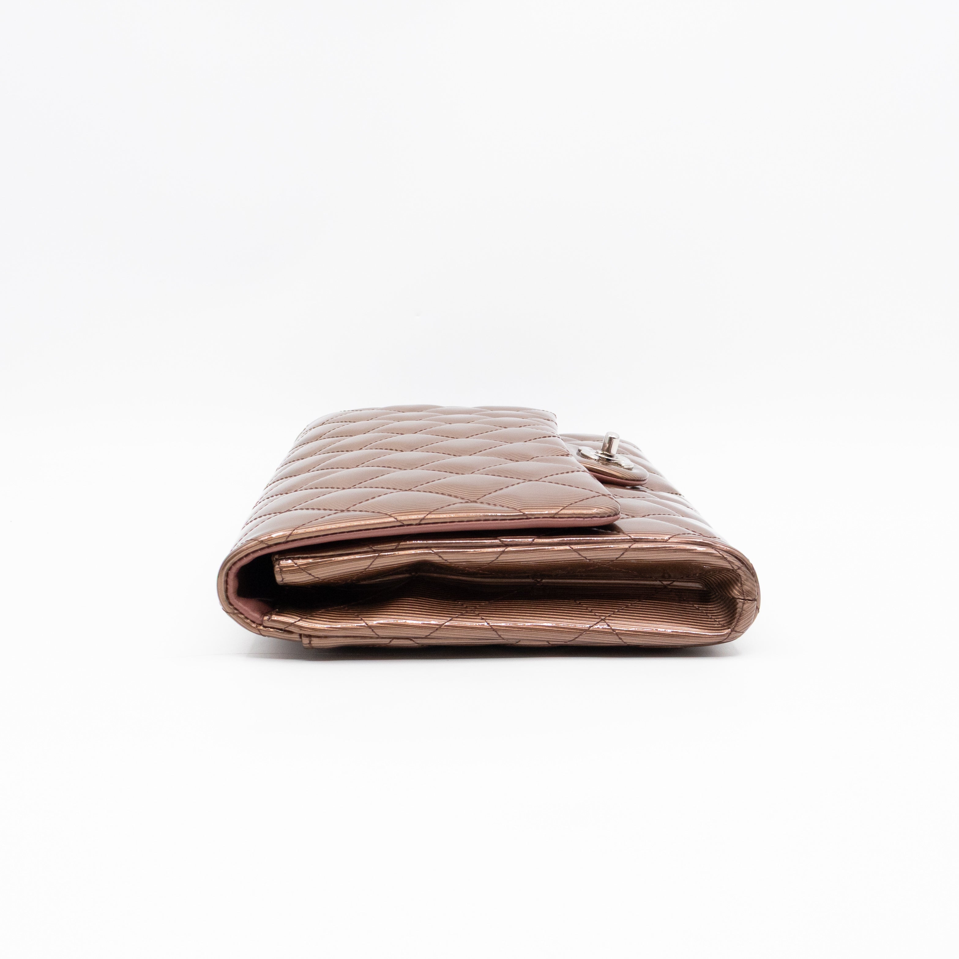 Timeless Clutch with Chain Bronze Striated Patent Leather