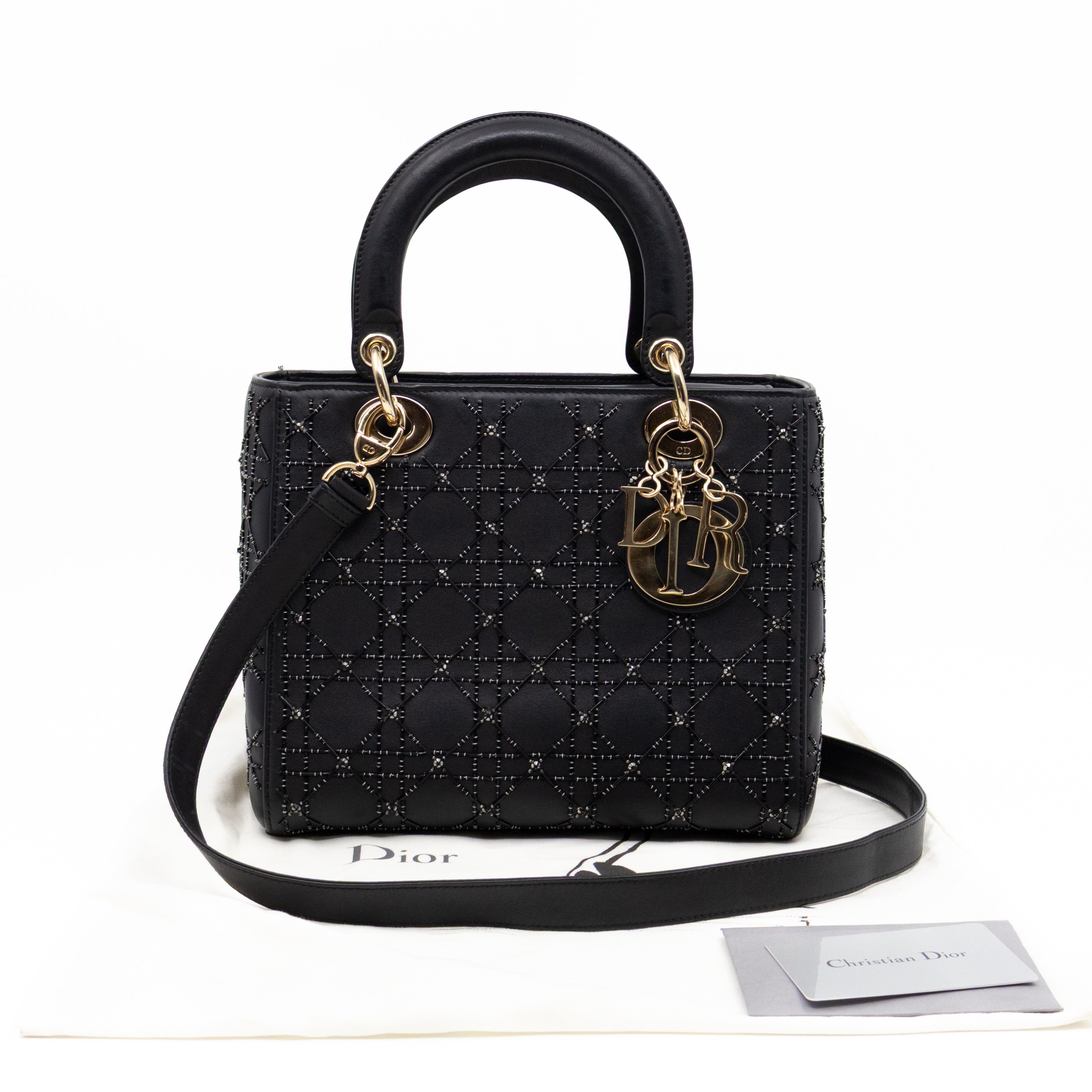 Lady Dior Medium Embellished Beads Cannage Black Leather