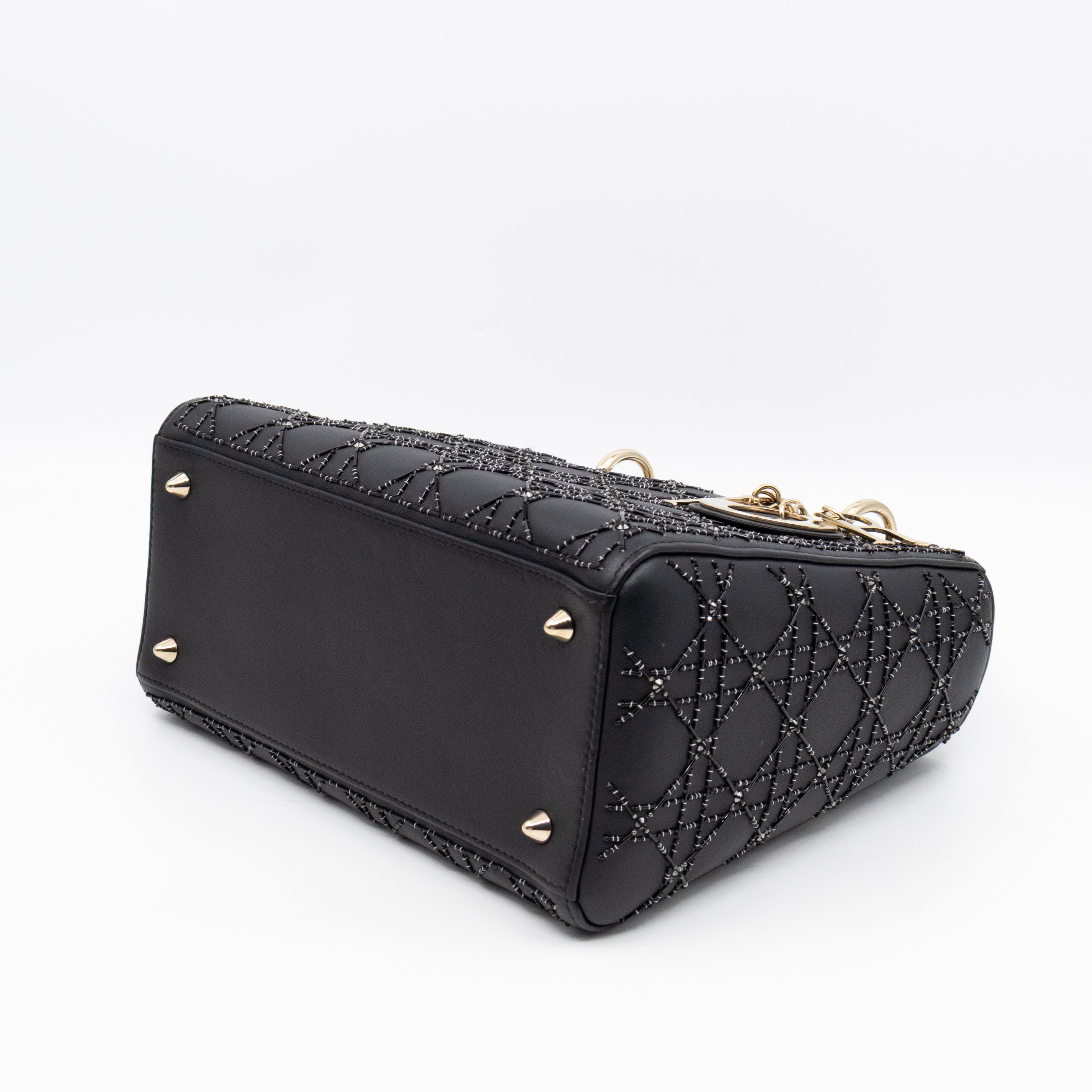 Lady Dior Medium Embellished Beads Cannage Black Leather