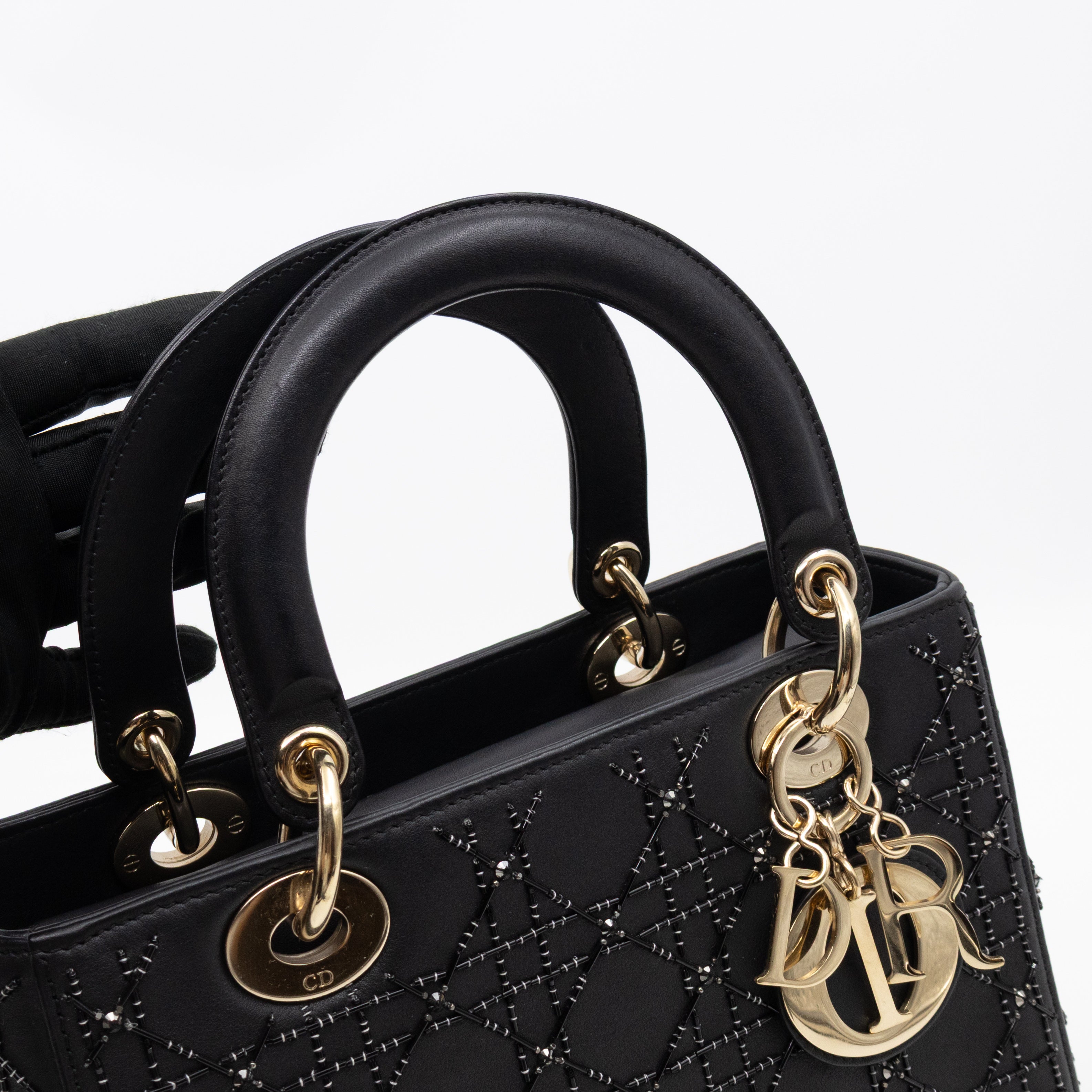 Lady Dior Medium Embellished Beads Cannage Black Leather