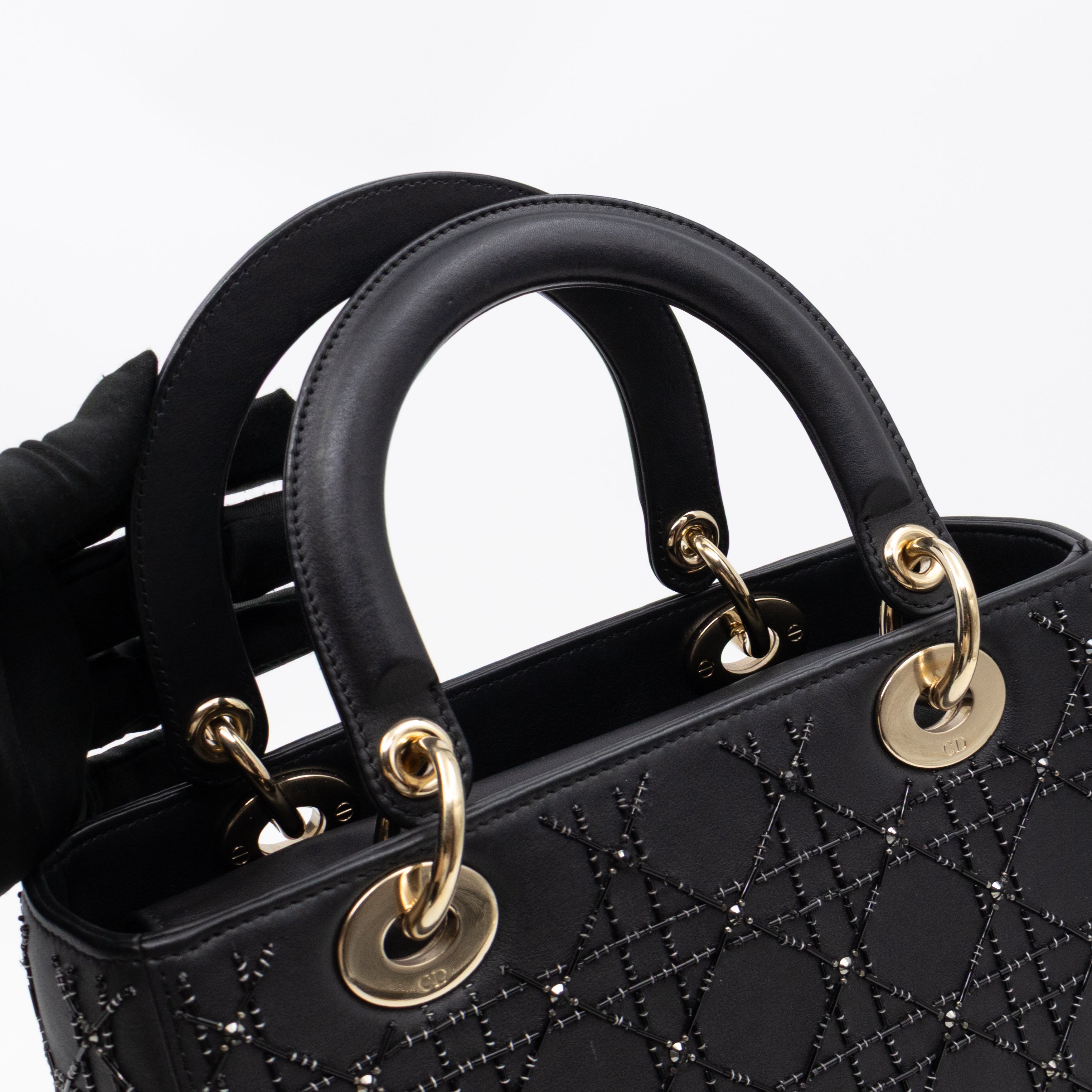 Lady Dior Medium Embellished Beads Cannage Black Leather