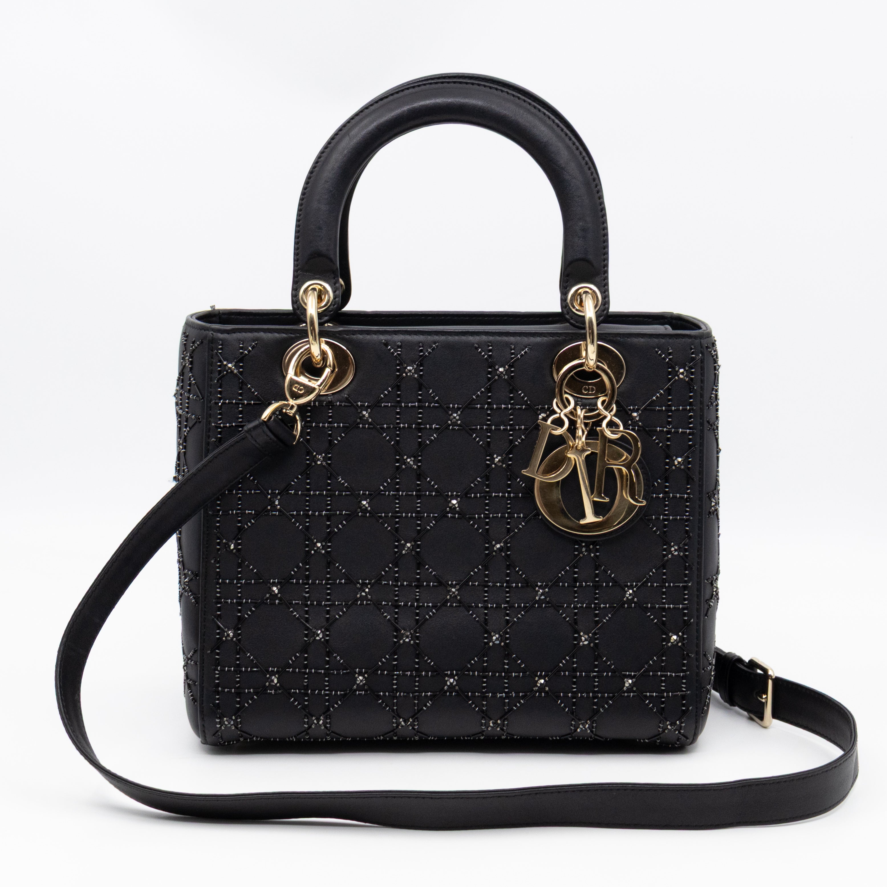 Lady Dior Medium Embellished Beads Cannage Black Leather