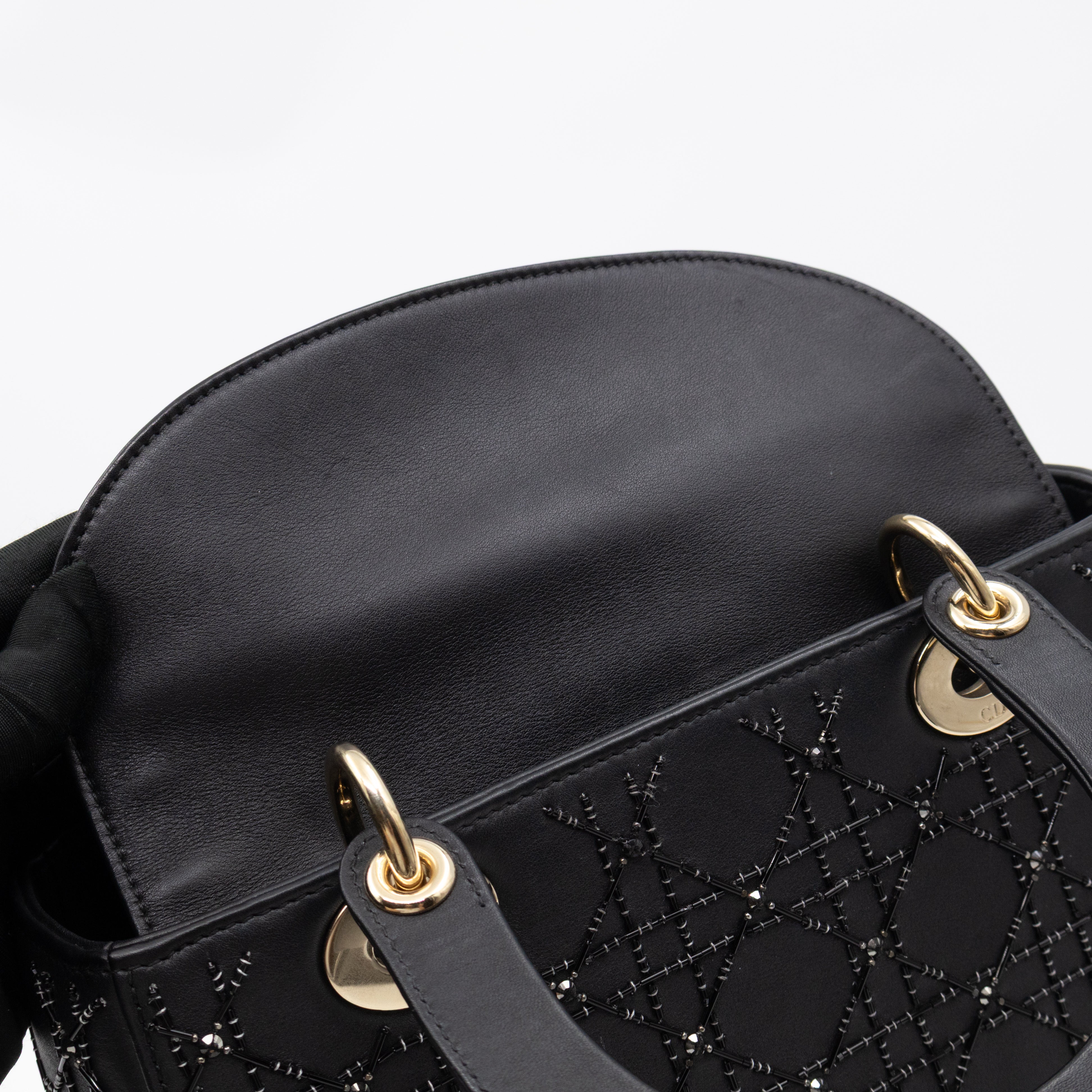 Lady Dior Medium Embellished Beads Cannage Black Leather