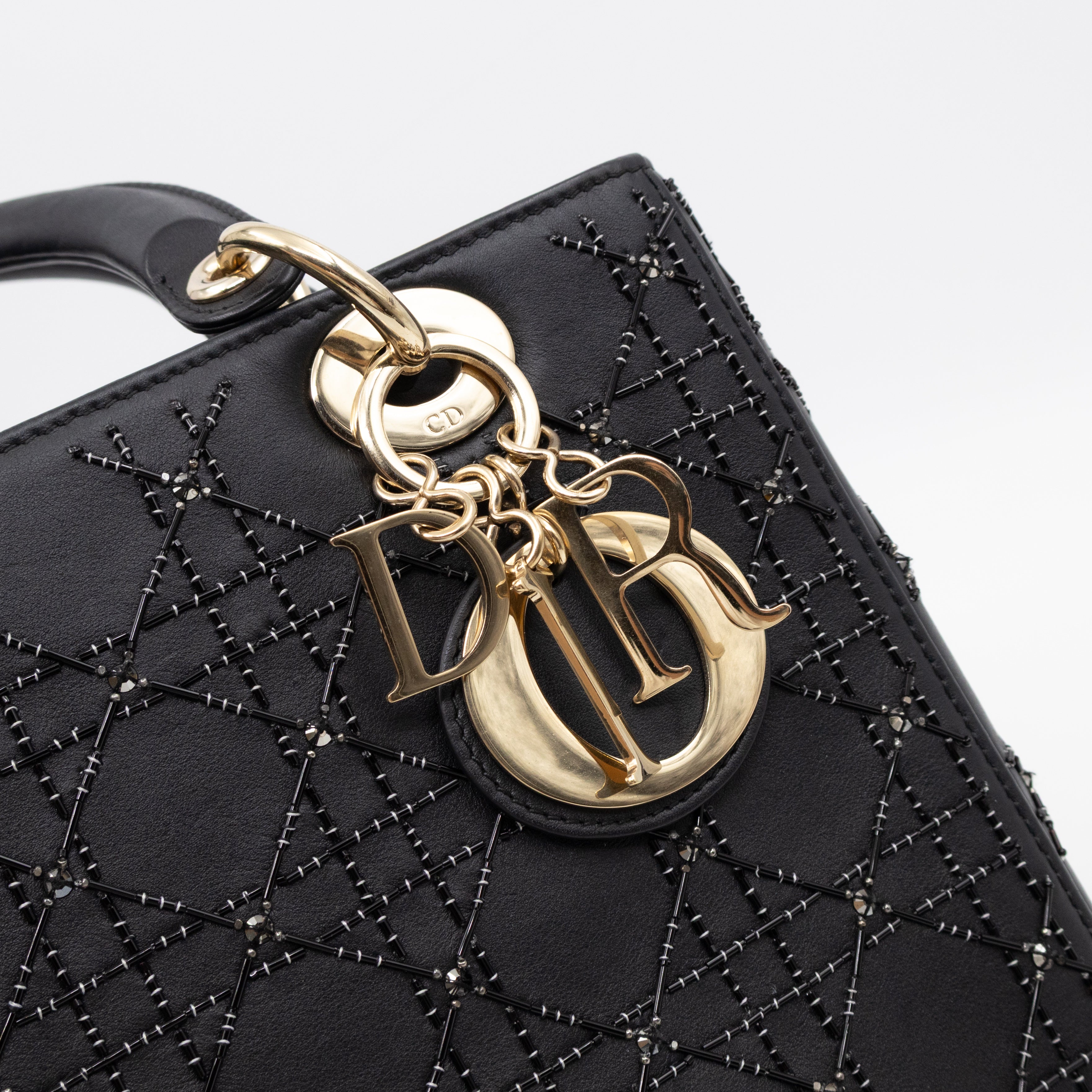 Lady Dior Medium Embellished Beads Cannage Black Leather