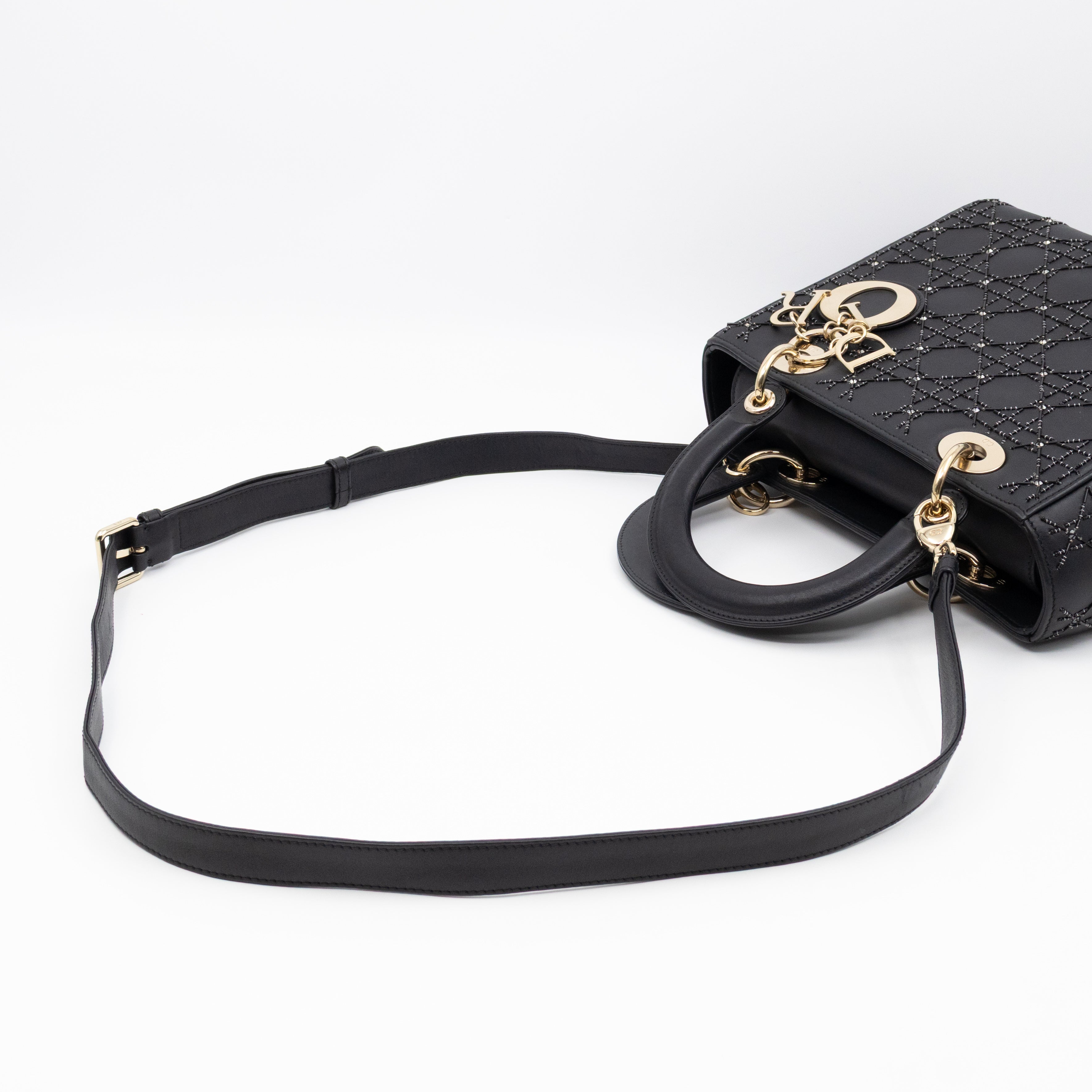 Lady Dior Medium Embellished Beads Cannage Black Leather