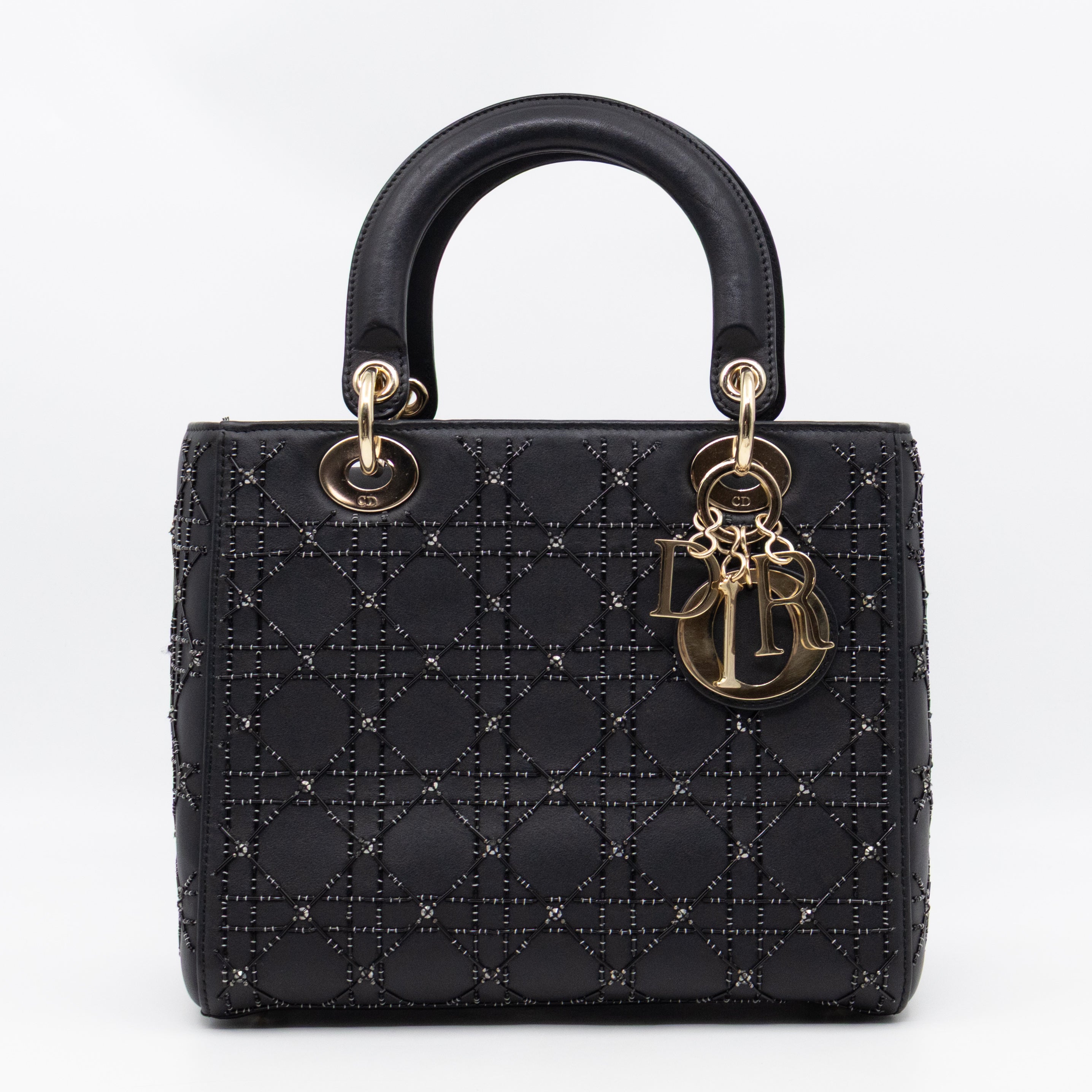 Lady Dior Medium Embellished Beads Cannage Black Leather