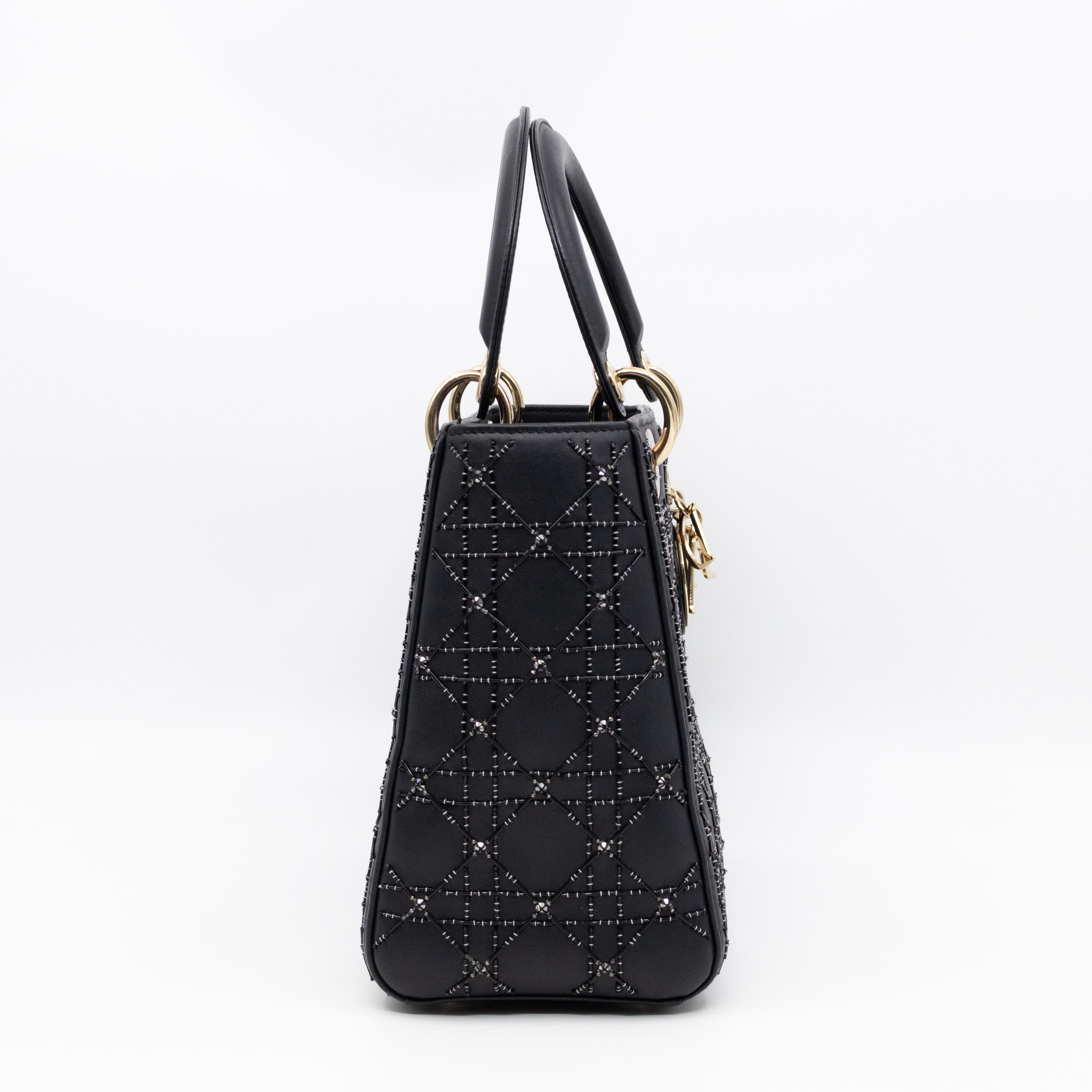 Lady Dior Medium Embellished Beads Cannage Black Leather