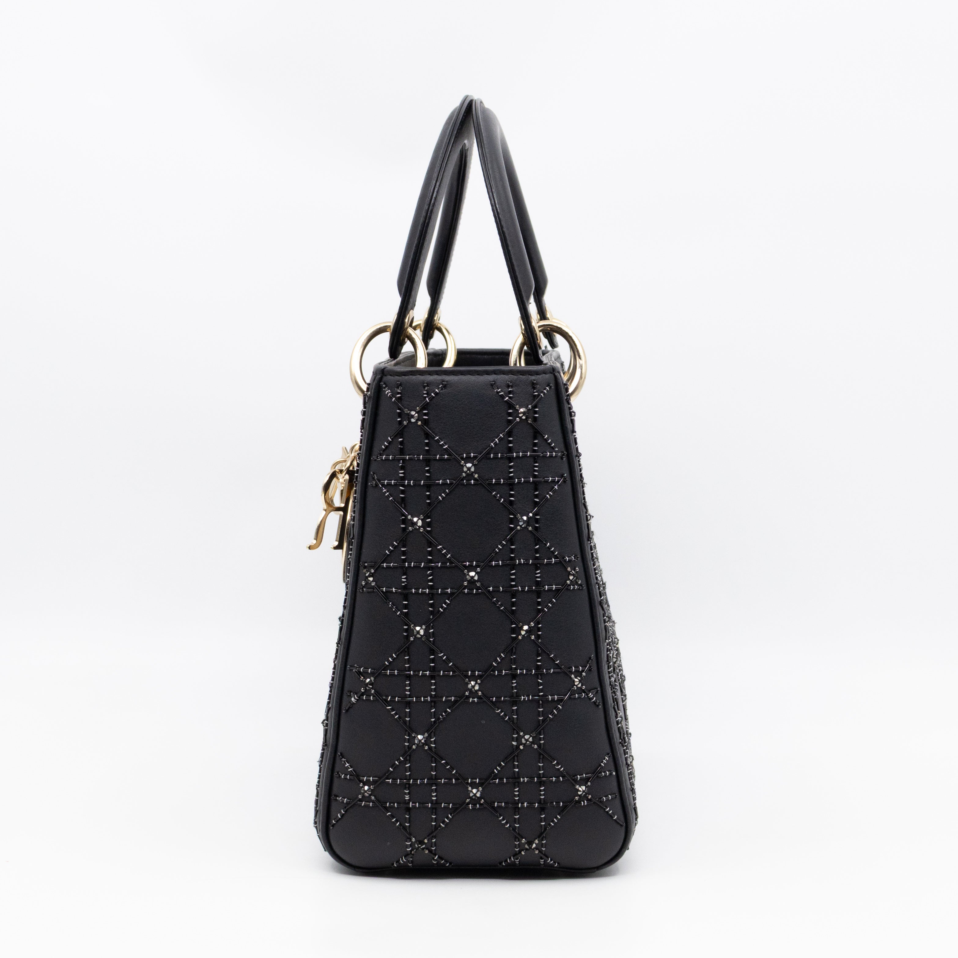 Lady Dior Medium Embellished Beads Cannage Black Leather