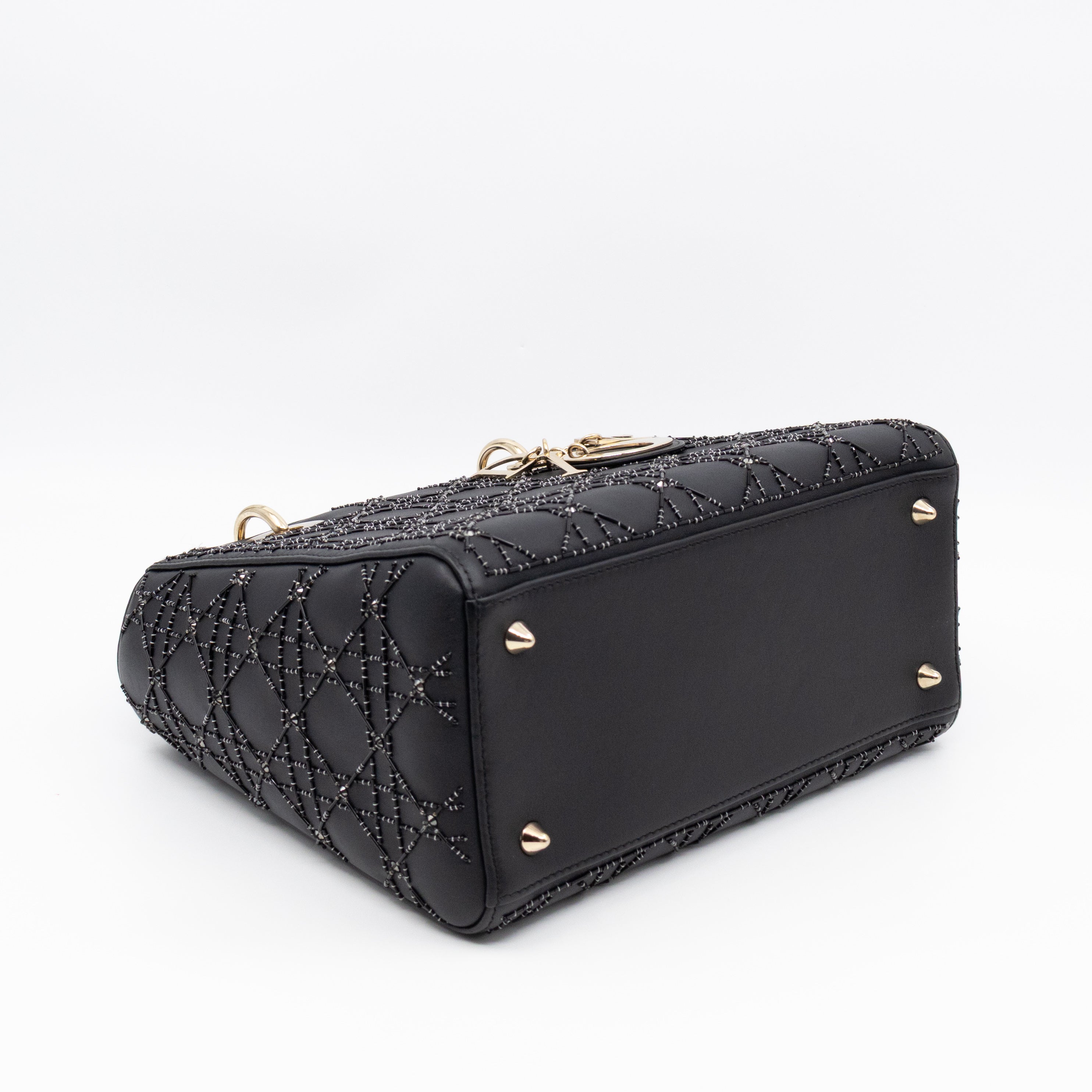 Lady Dior Medium Embellished Beads Cannage Black Leather