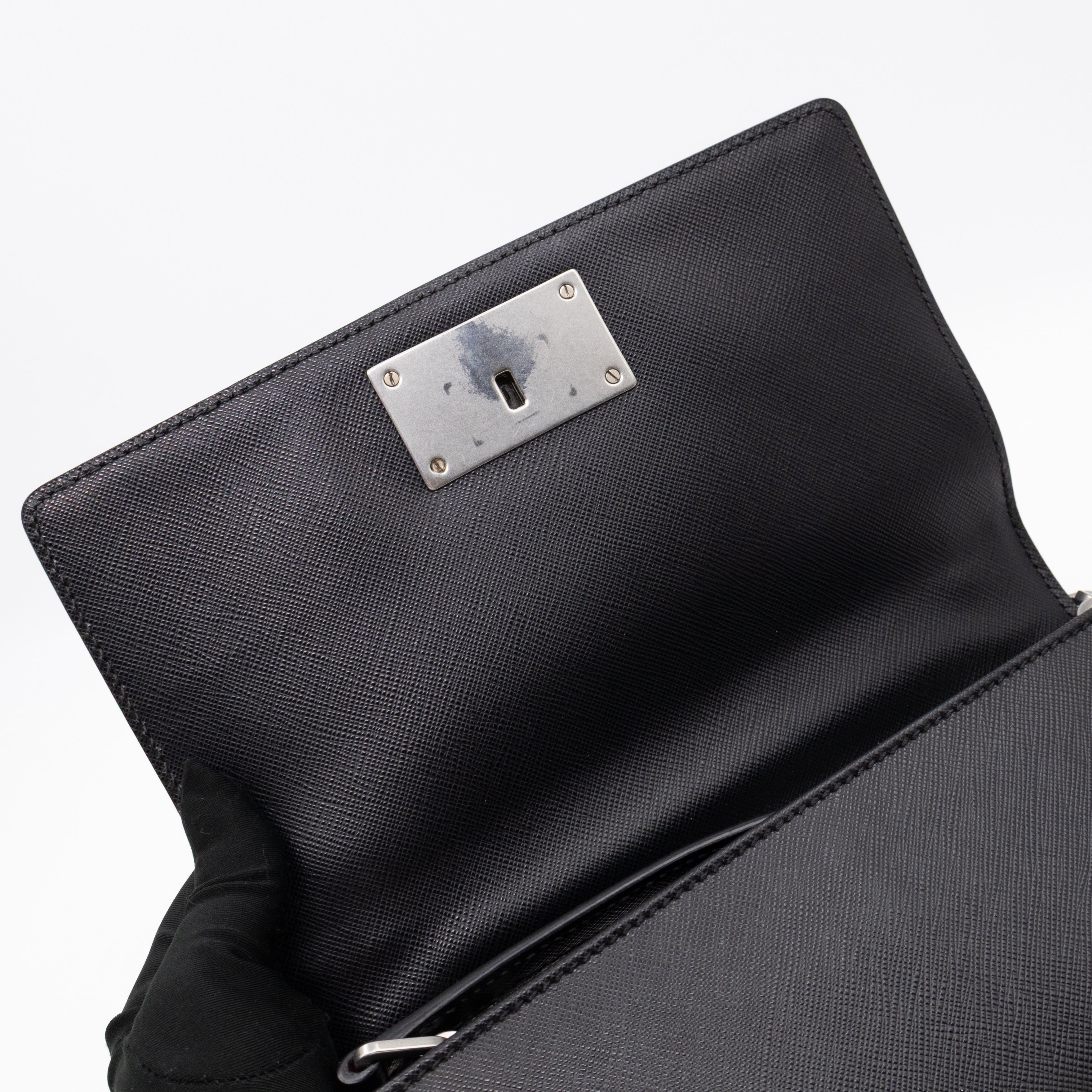 Chain Lock Flap Shoulder Bag Black Saffiano Leather