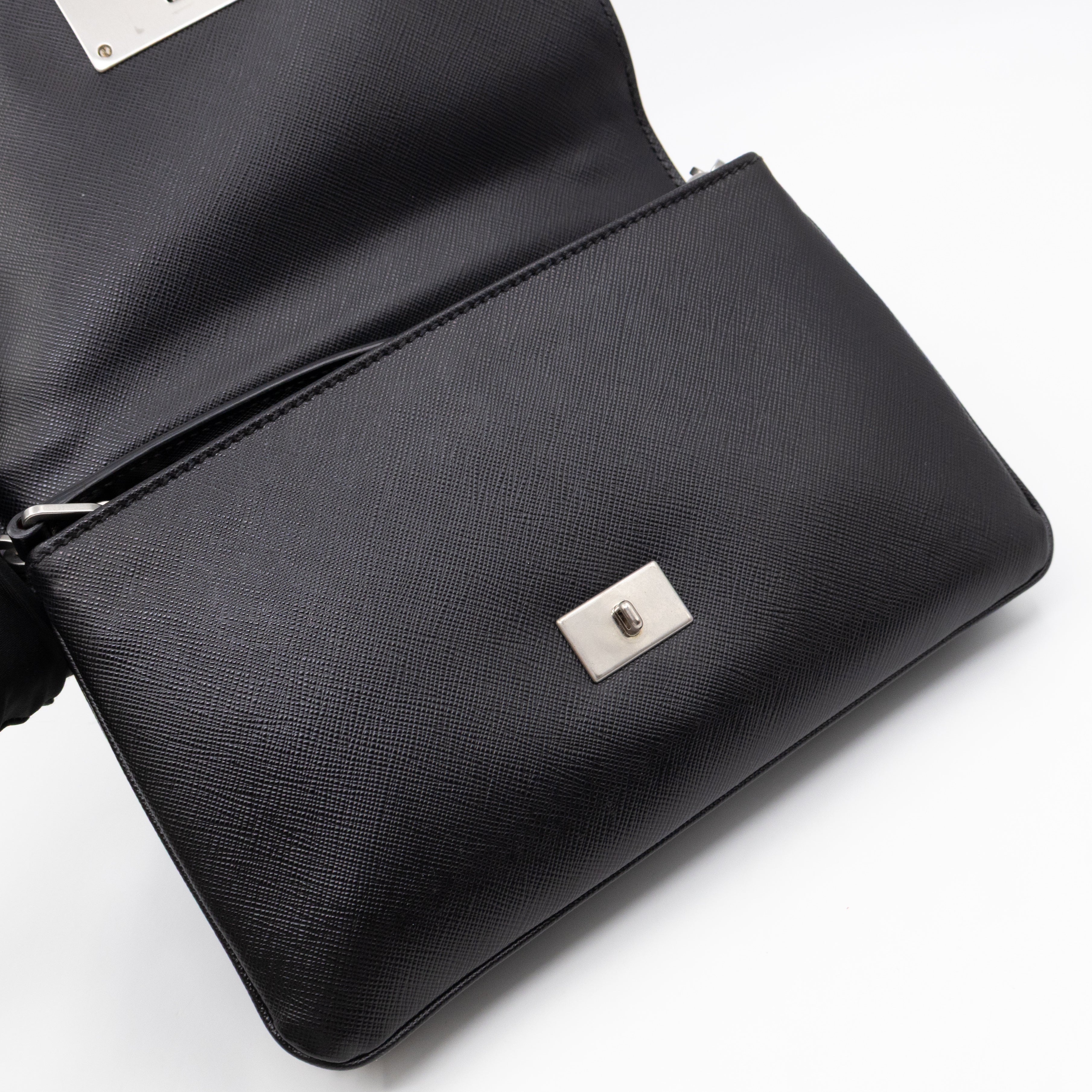 Chain Lock Flap Shoulder Bag Black Saffiano Leather