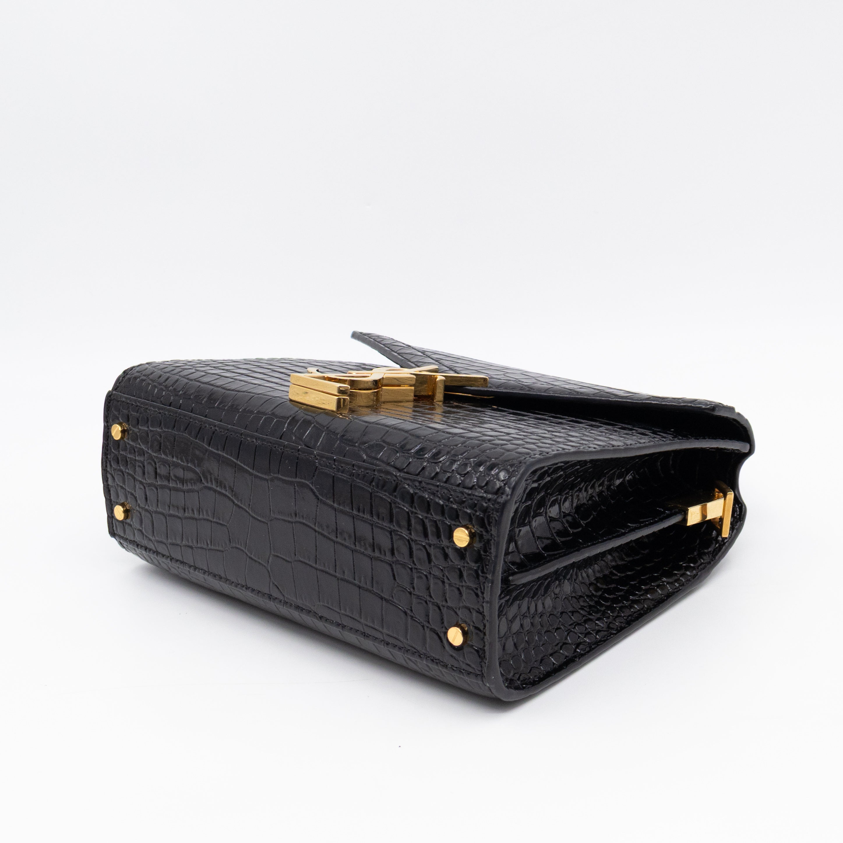Cassandra Mini Top Handle Black Croc Embossed Leather