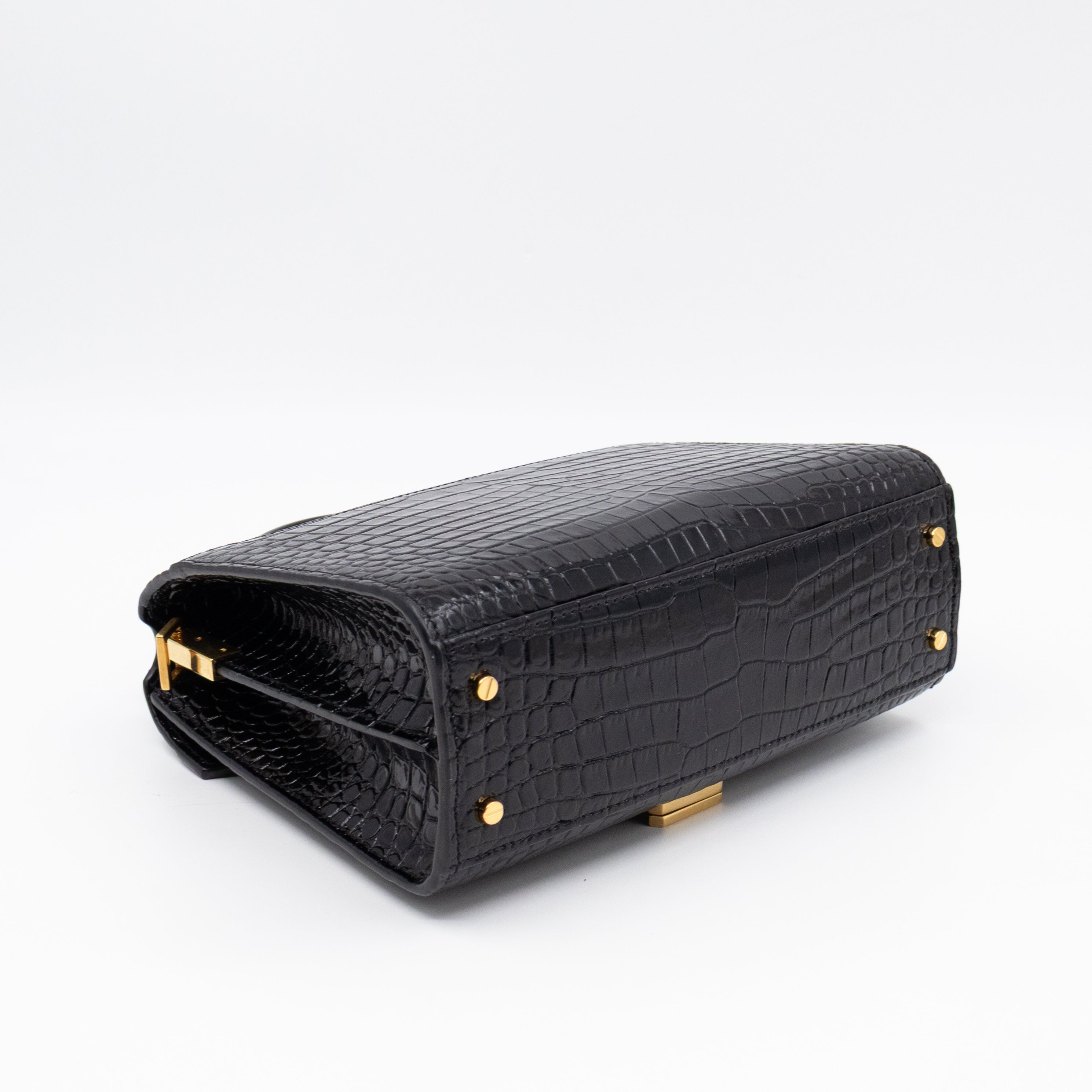 Cassandra Mini Top Handle Black Croc Embossed Leather