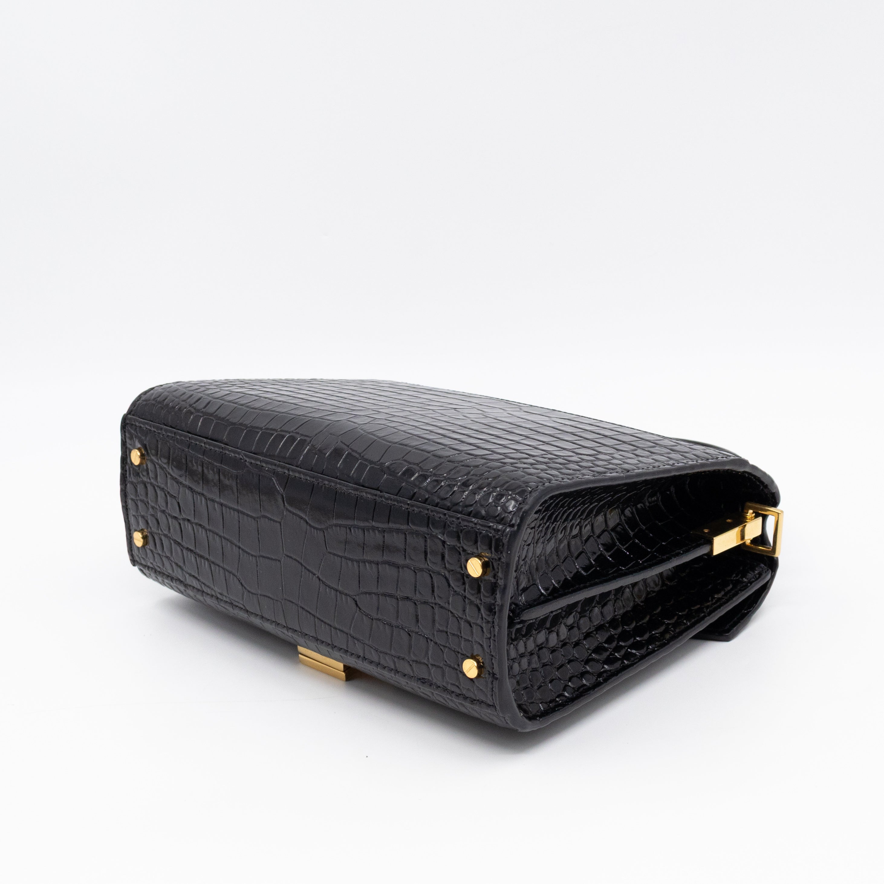 Cassandra Mini Top Handle Black Croc Embossed Leather