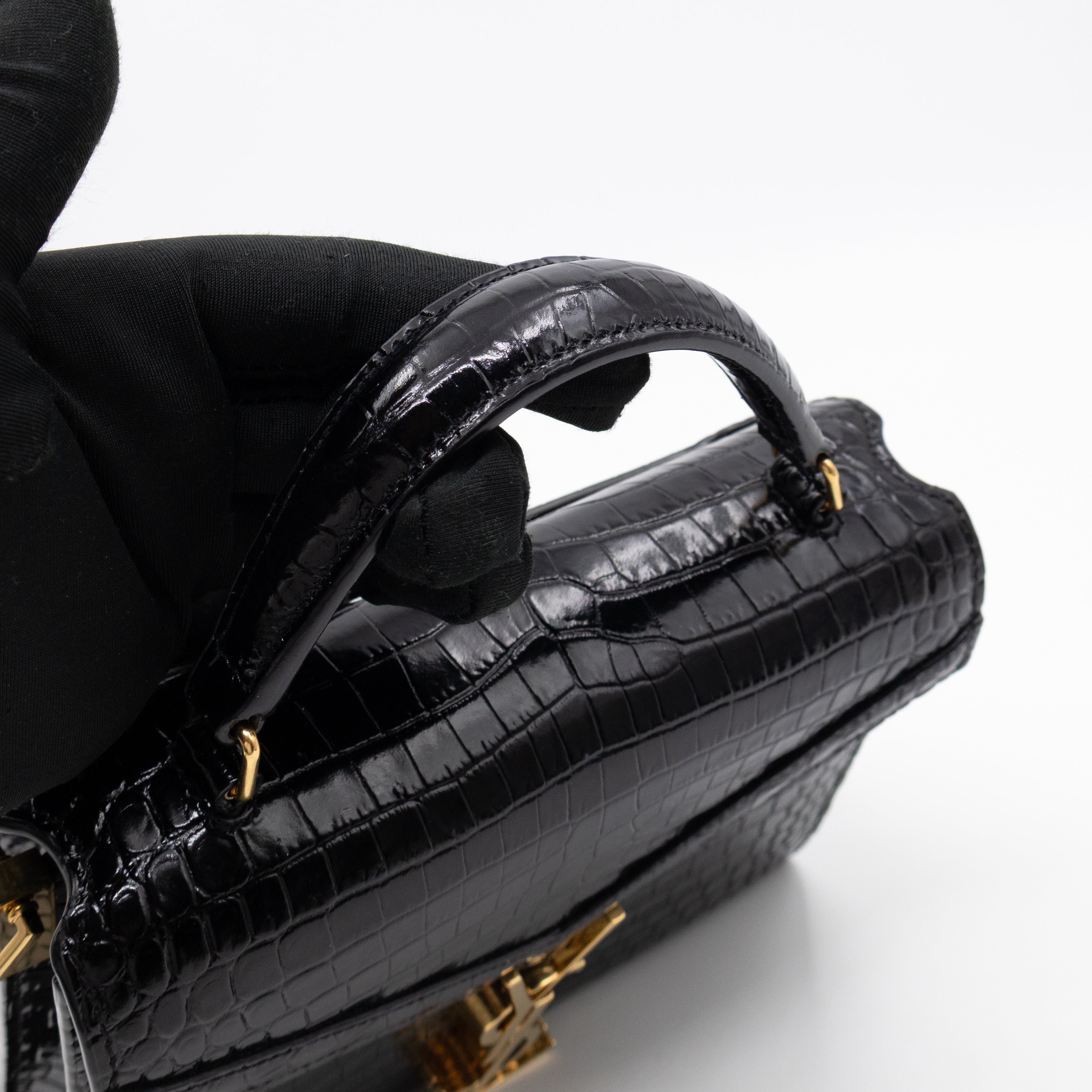 Cassandra Mini Top Handle Black Croc Embossed Leather