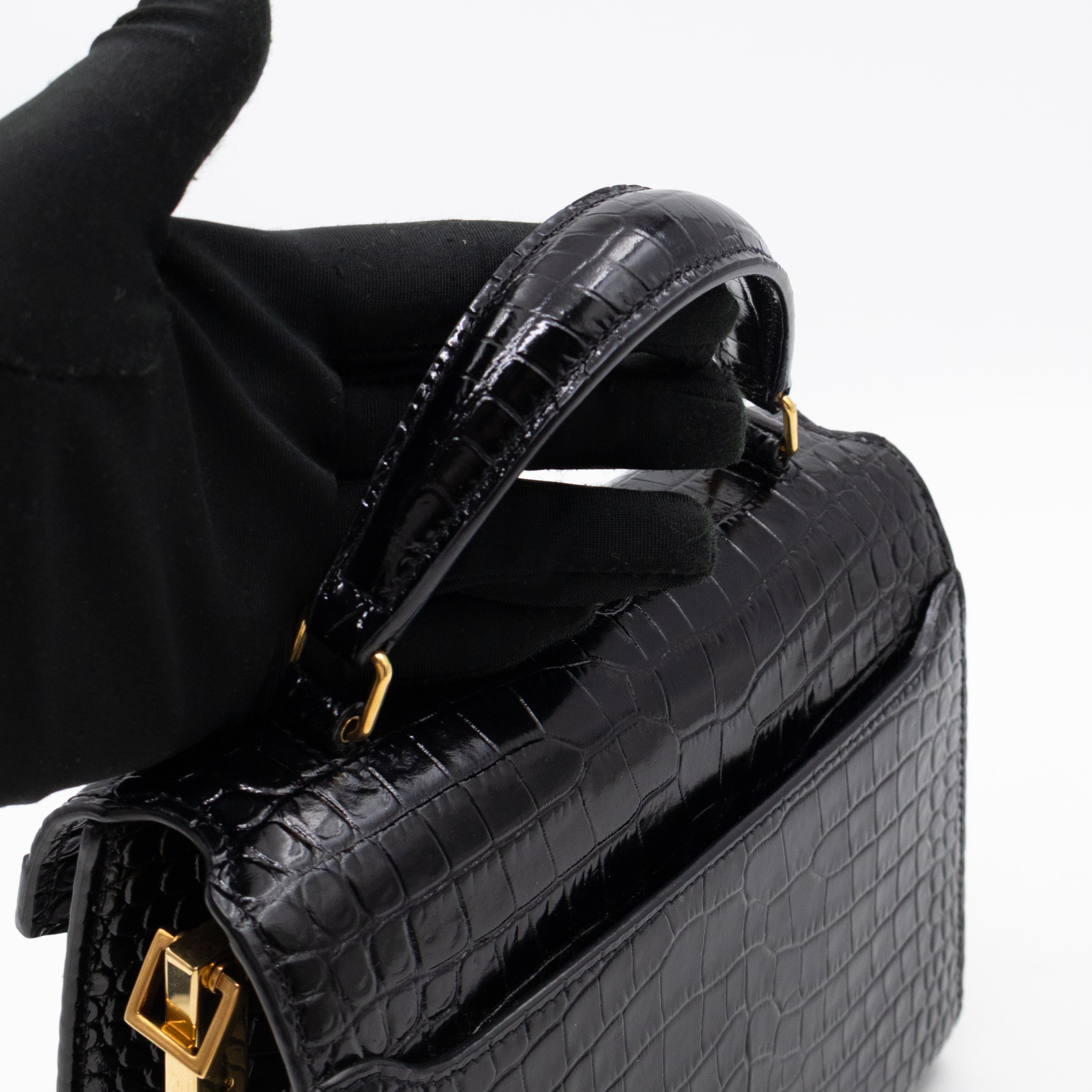 Cassandra Mini Top Handle Black Croc Embossed Leather