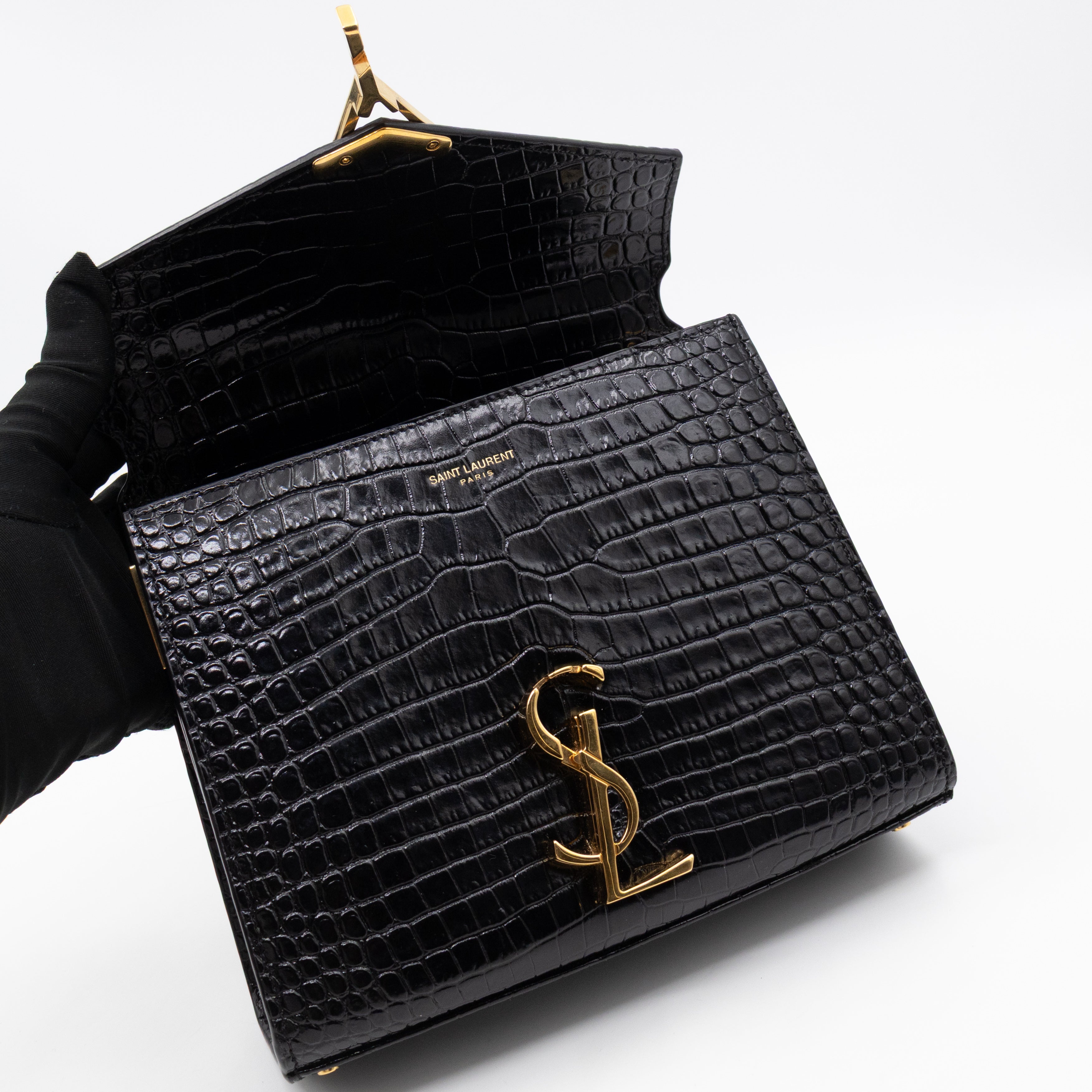 Cassandra Mini Top Handle Black Croc Embossed Leather