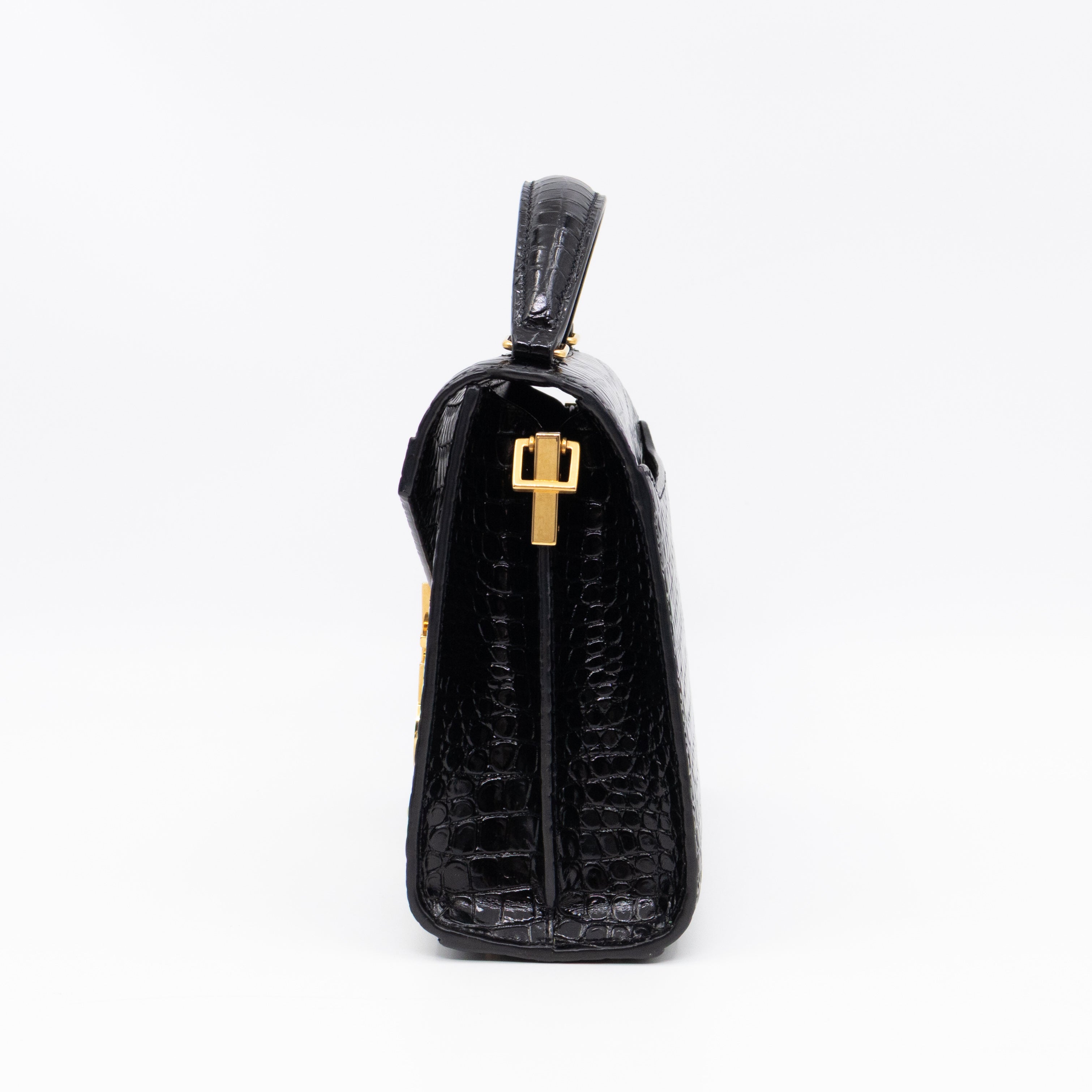 Cassandra Mini Top Handle Black Croc Embossed Leather