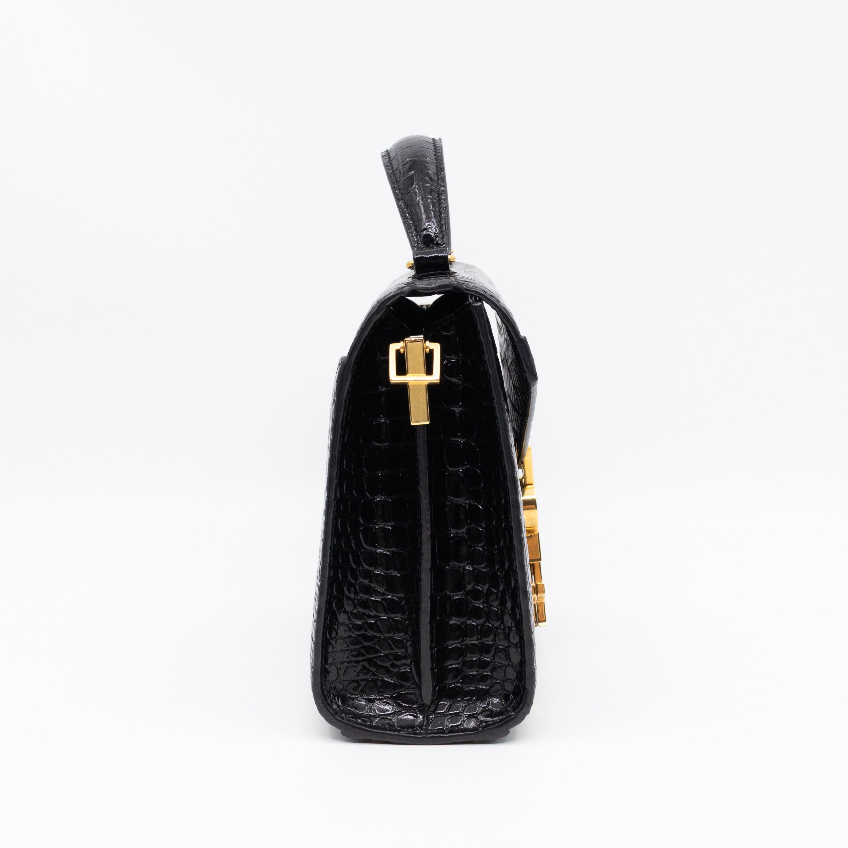 Cassandra Mini Top Handle Black Croc Embossed Leather