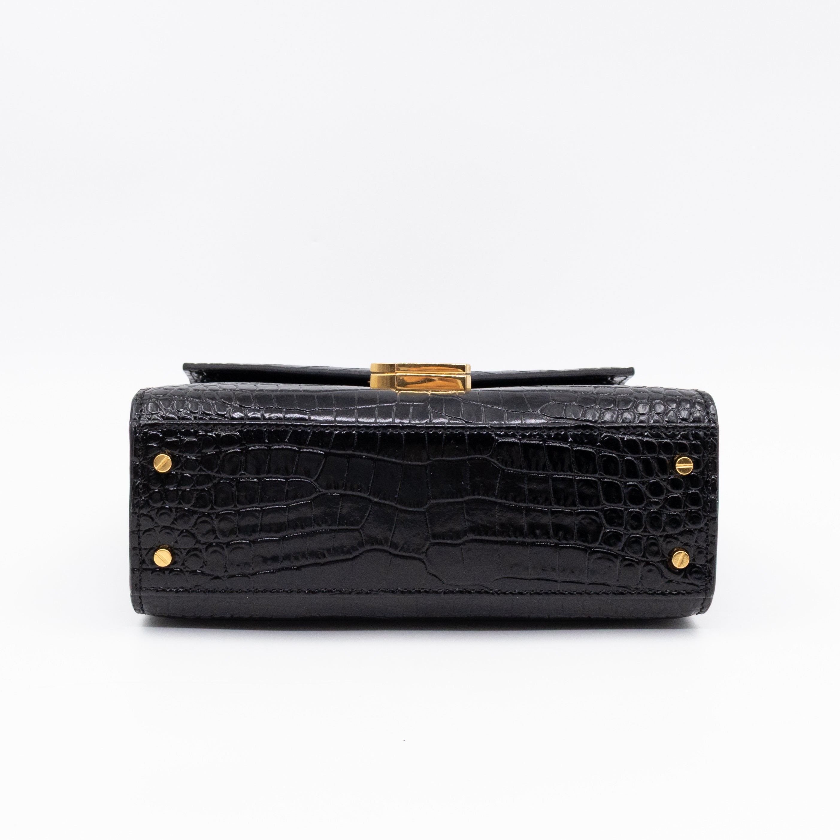 Cassandra Mini Top Handle Black Croc Embossed Leather