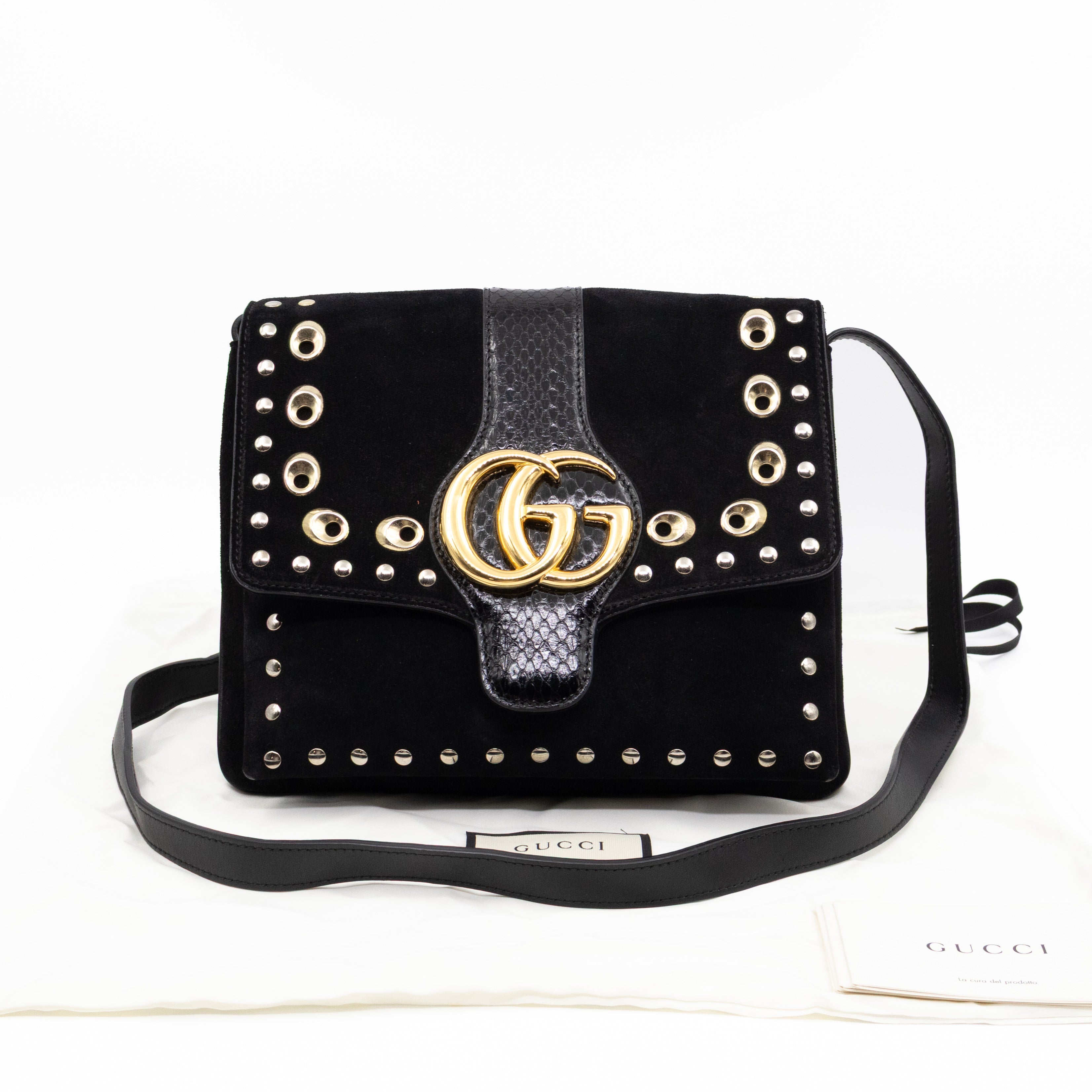 Gucci Arli Medium Flap Shoulder Bag Black Studded Suede – Queen