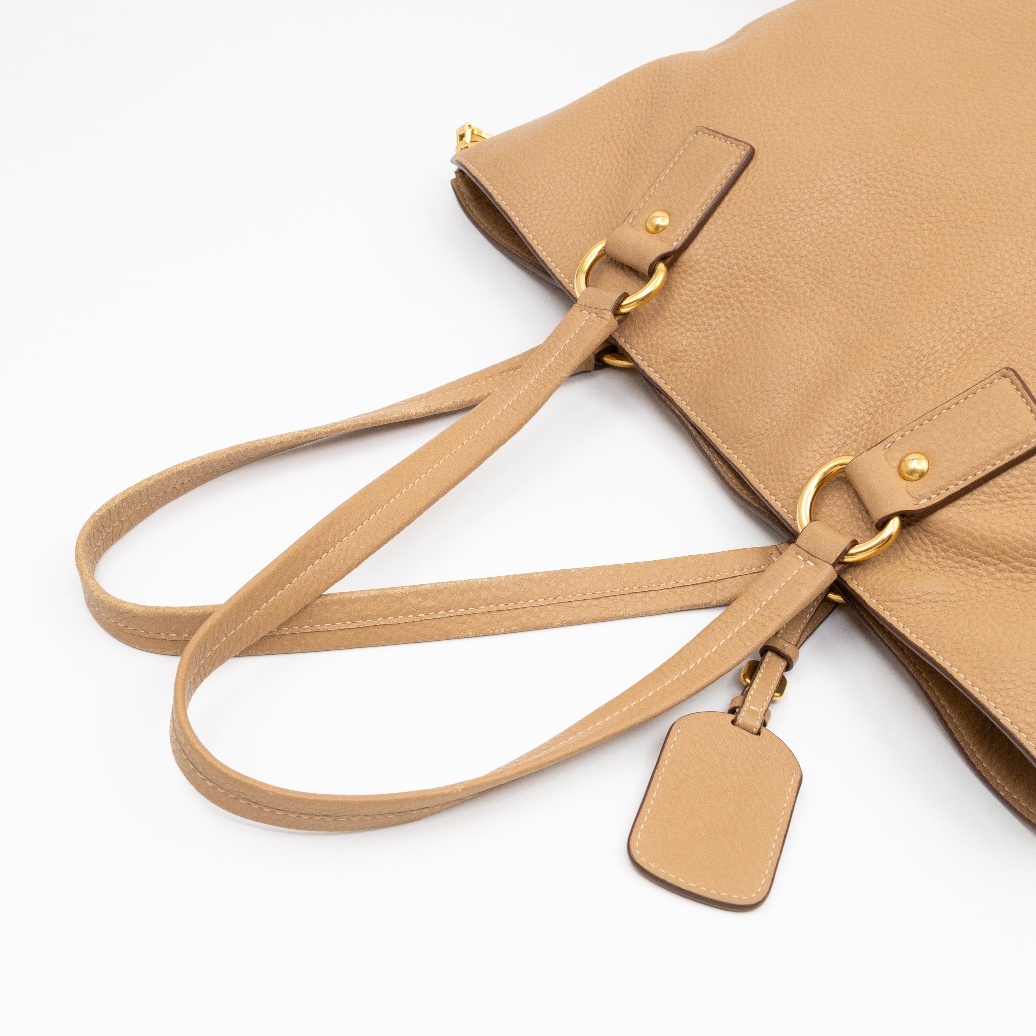 Shopping Bag with Side Zippers Beige Leather