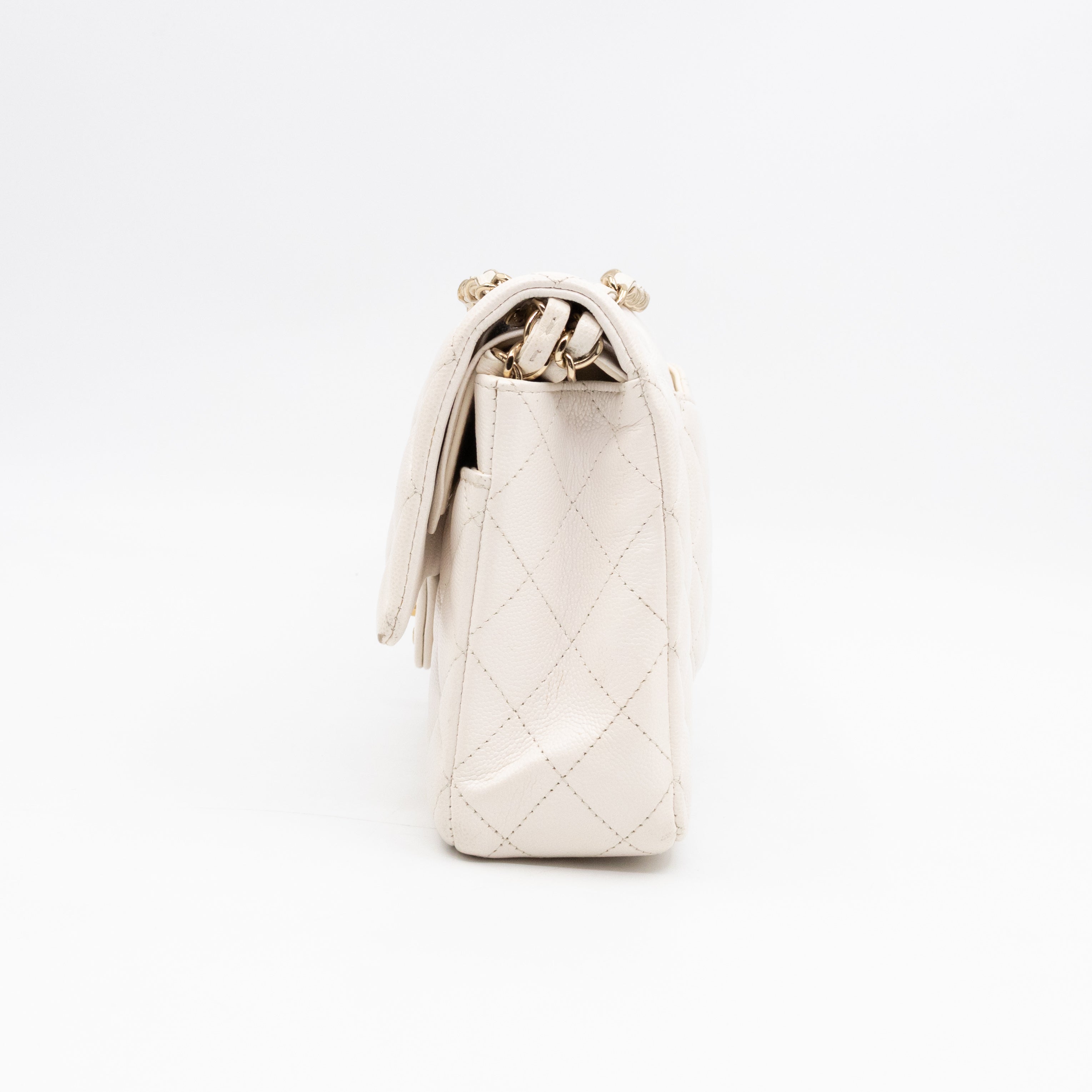 Classic Double Flap Medium White Caviar Leather Gold