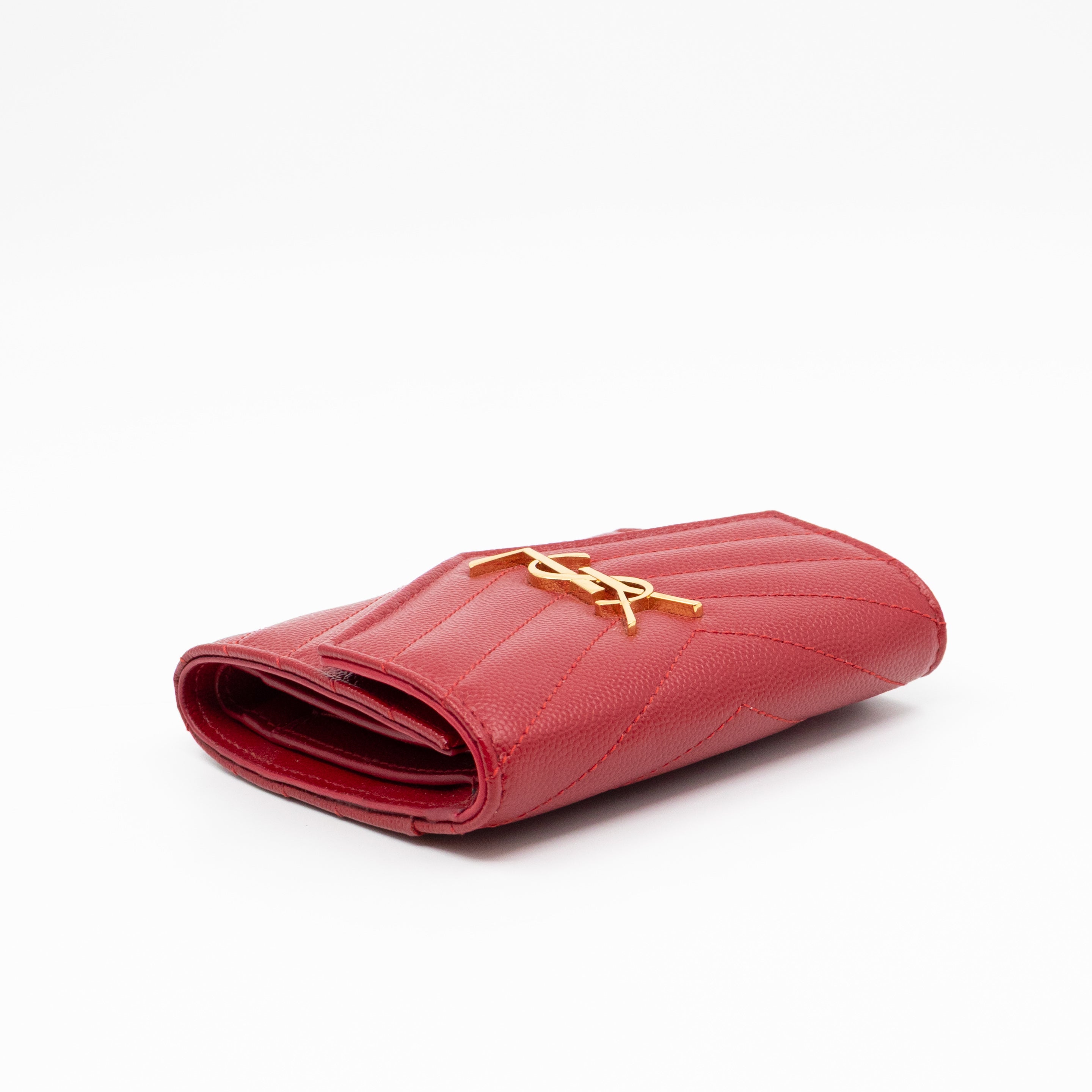 Cassandre Compact Trifold Wallet Red Grained Leather