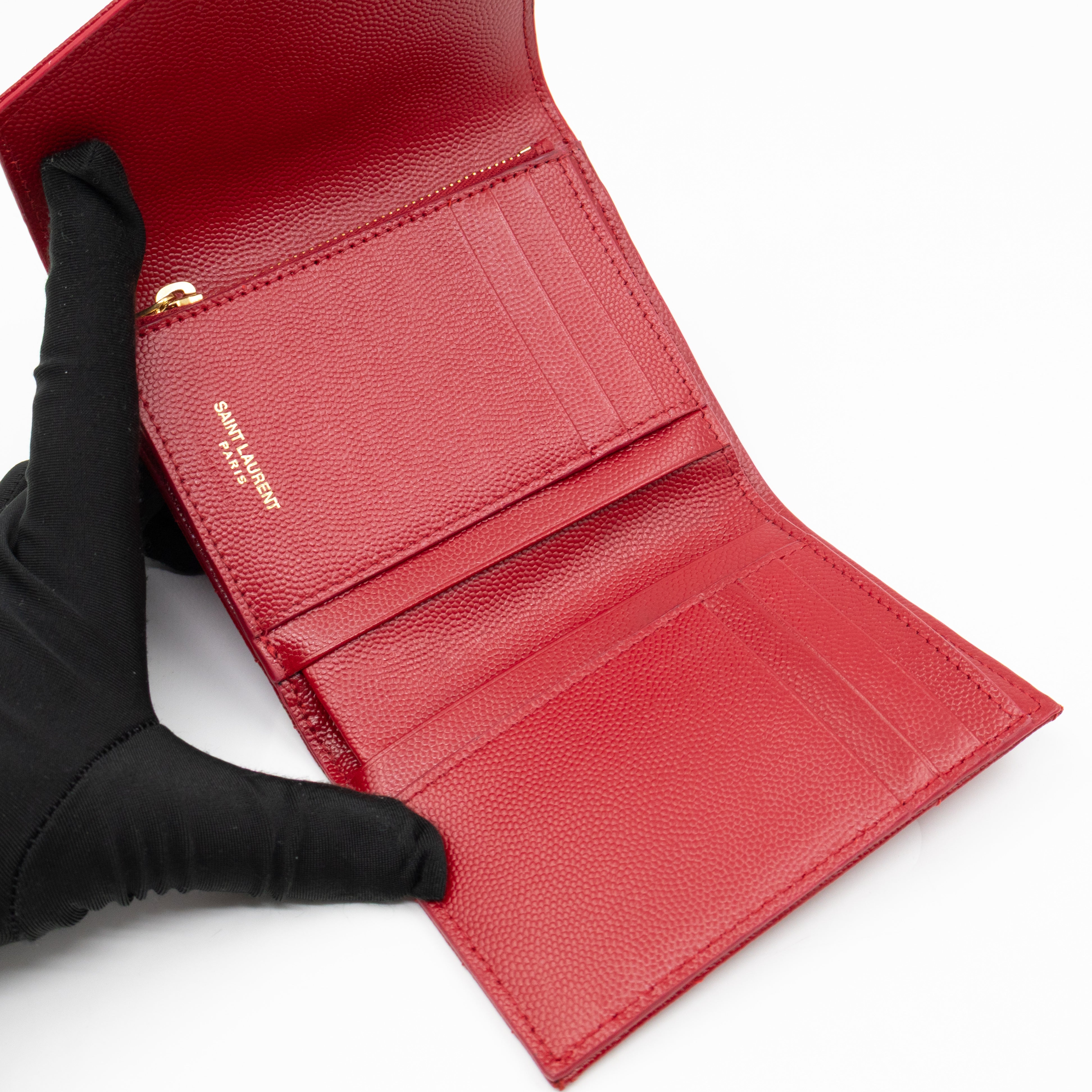 Cassandre Compact Trifold Wallet Red Grained Leather