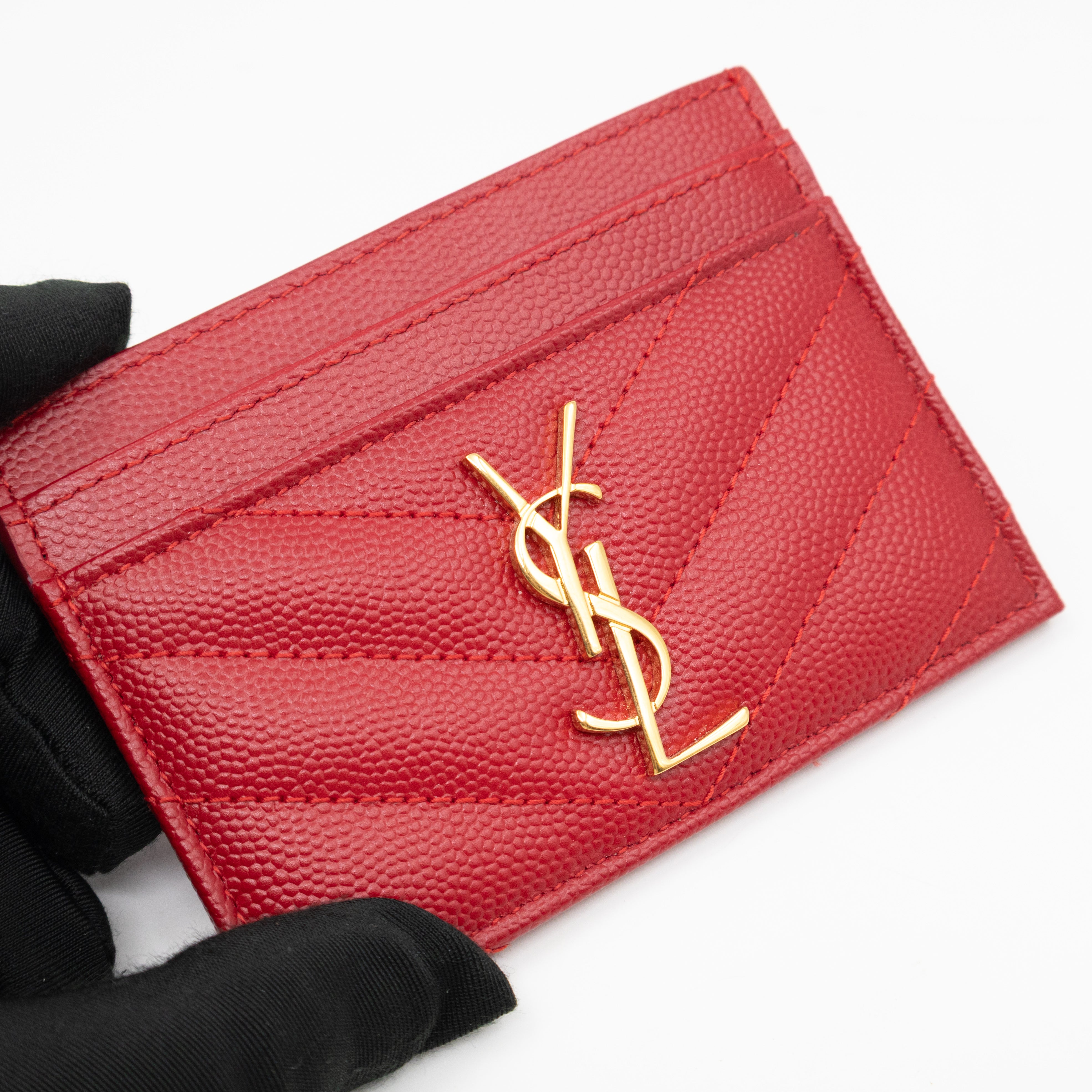 YSL Cassandre Card Holder Red Grained Leather