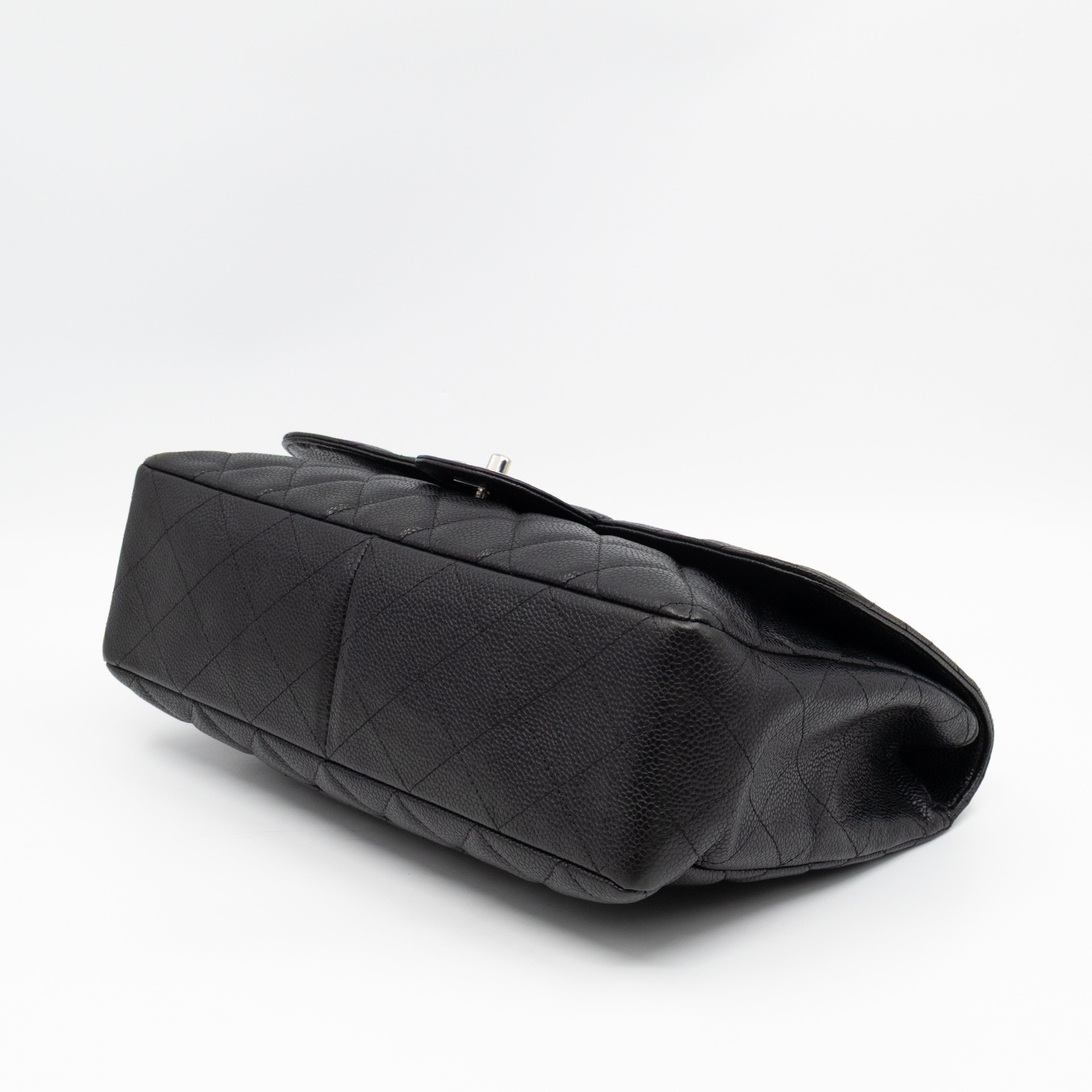 Classic Single Flap Jumbo Black Caviarskin Leather Silver