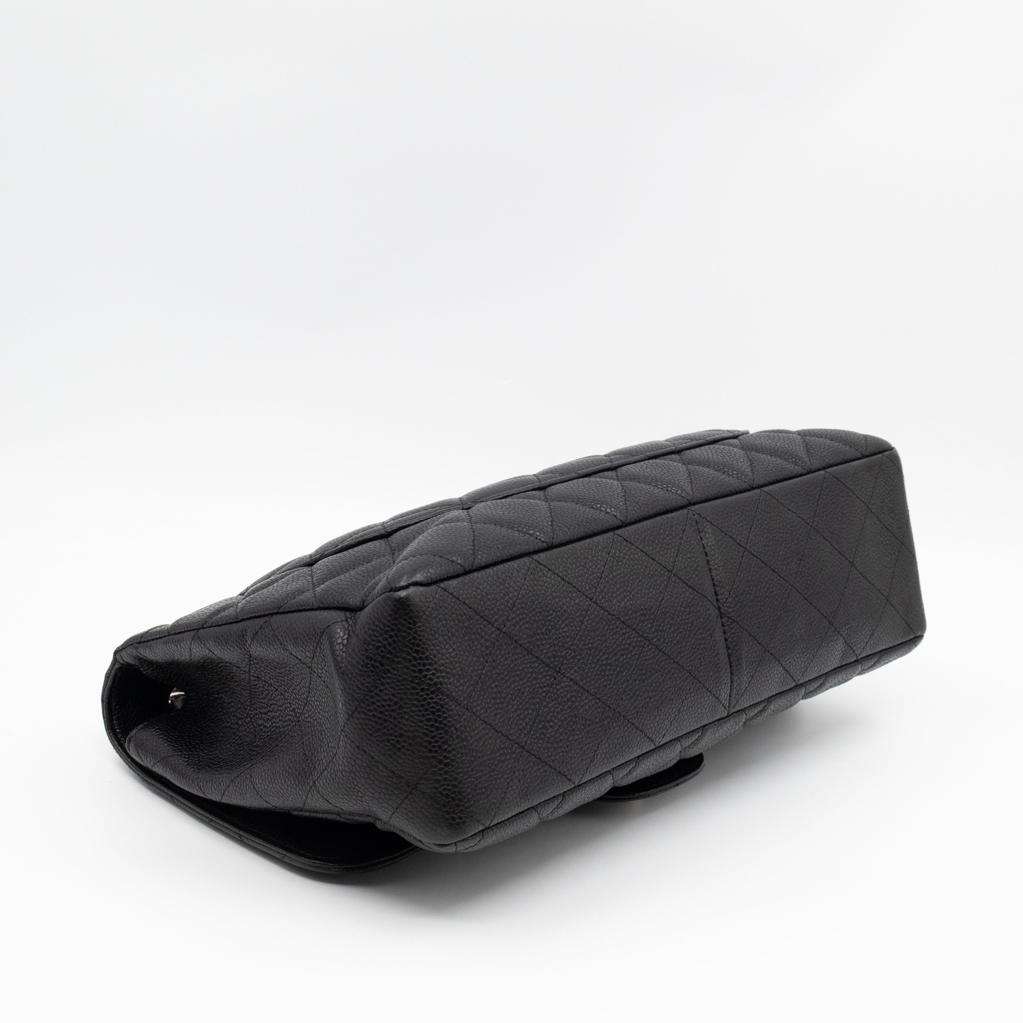 Classic Single Flap Jumbo Black Caviarskin Leather Silver