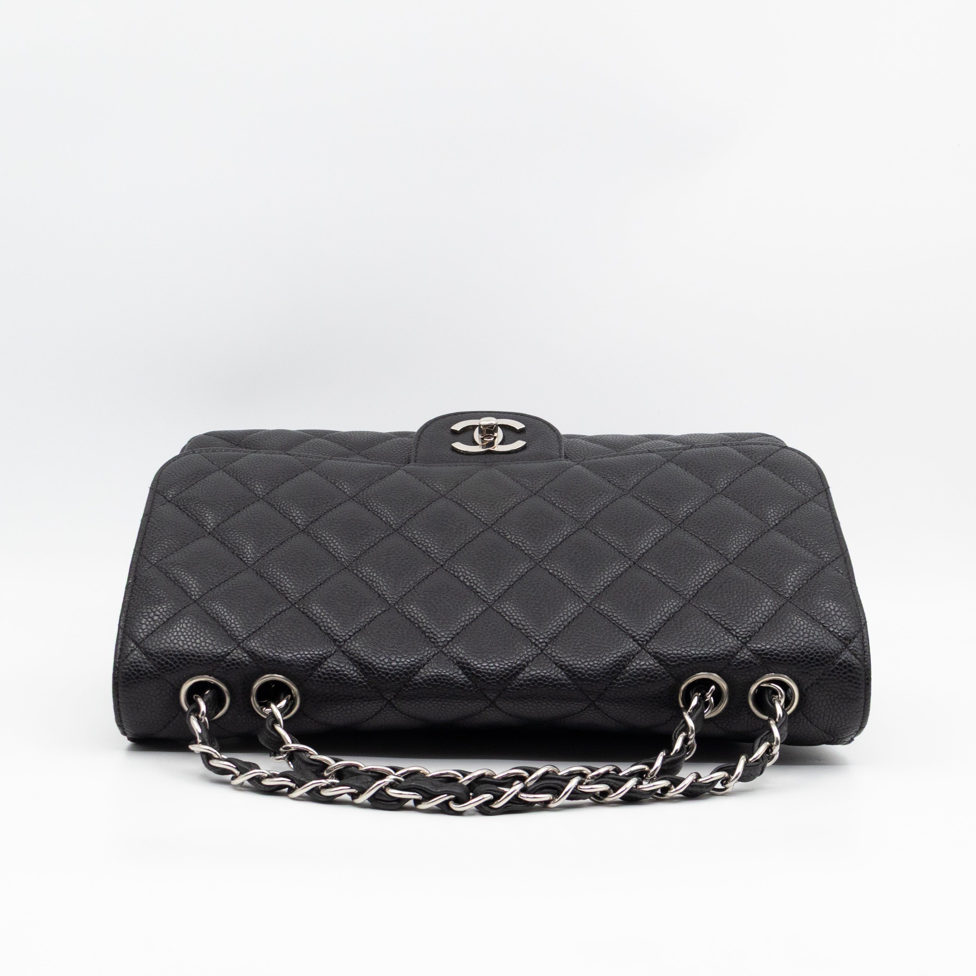 Classic Single Flap Jumbo Black Caviarskin Leather Silver