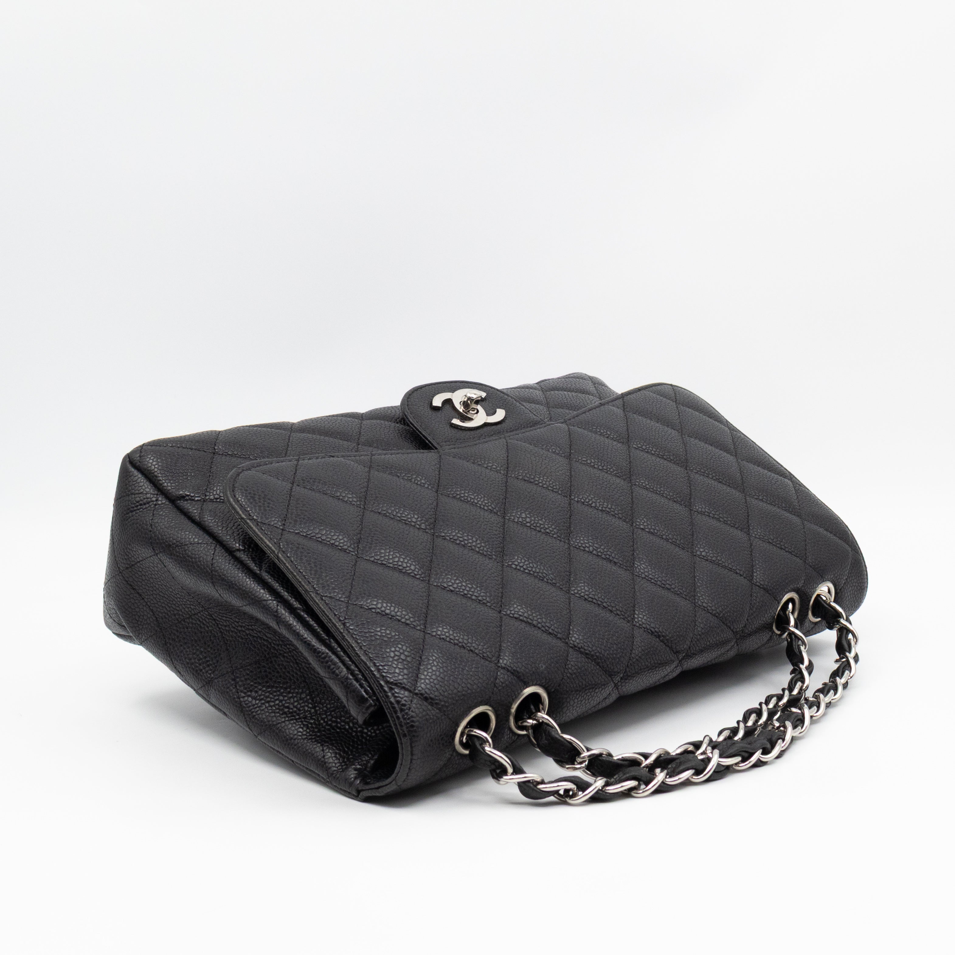 Classic Single Flap Jumbo Black Caviarskin Leather Silver