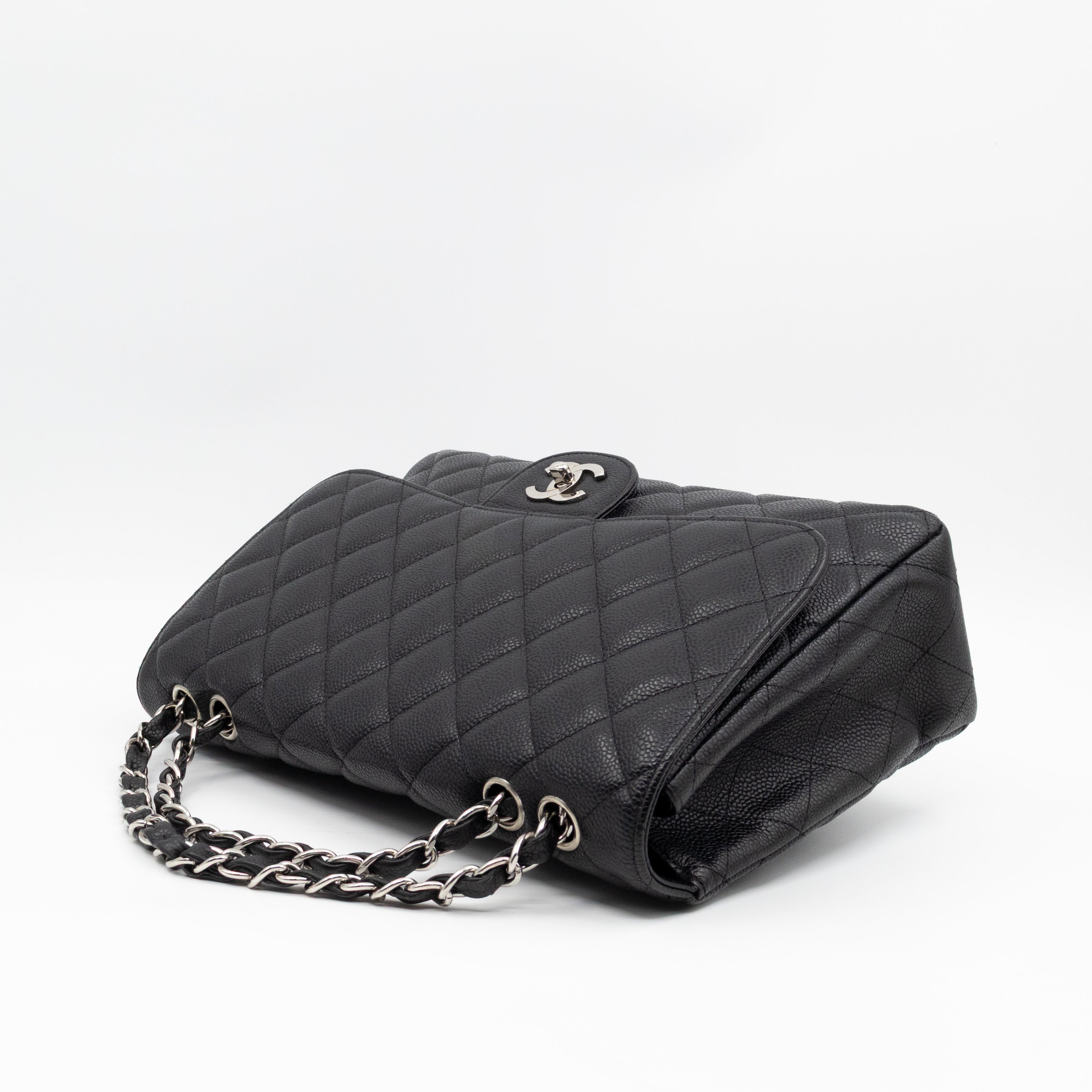 Classic Single Flap Jumbo Black Caviarskin Leather Silver