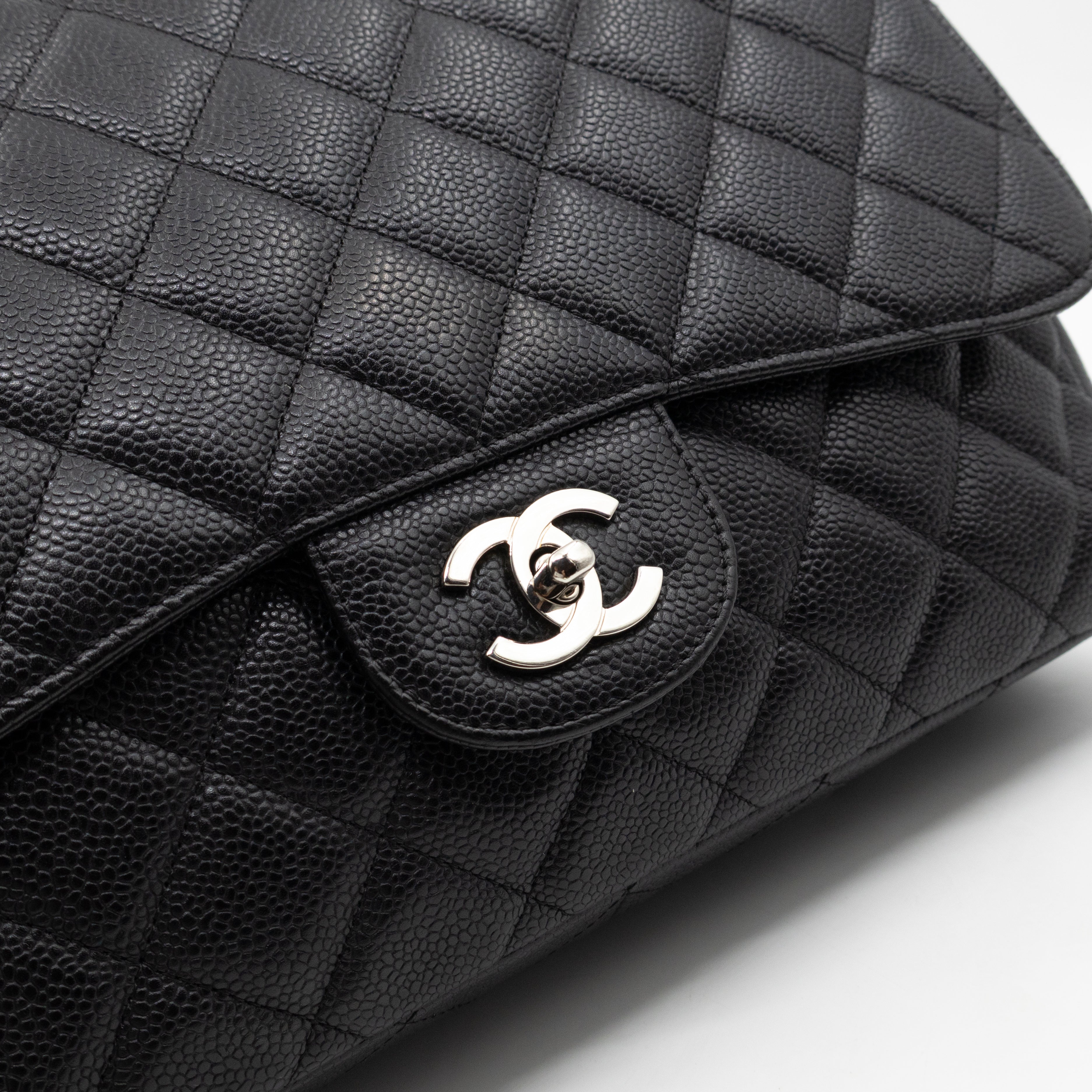 Classic Single Flap Jumbo Black Caviarskin Leather Silver