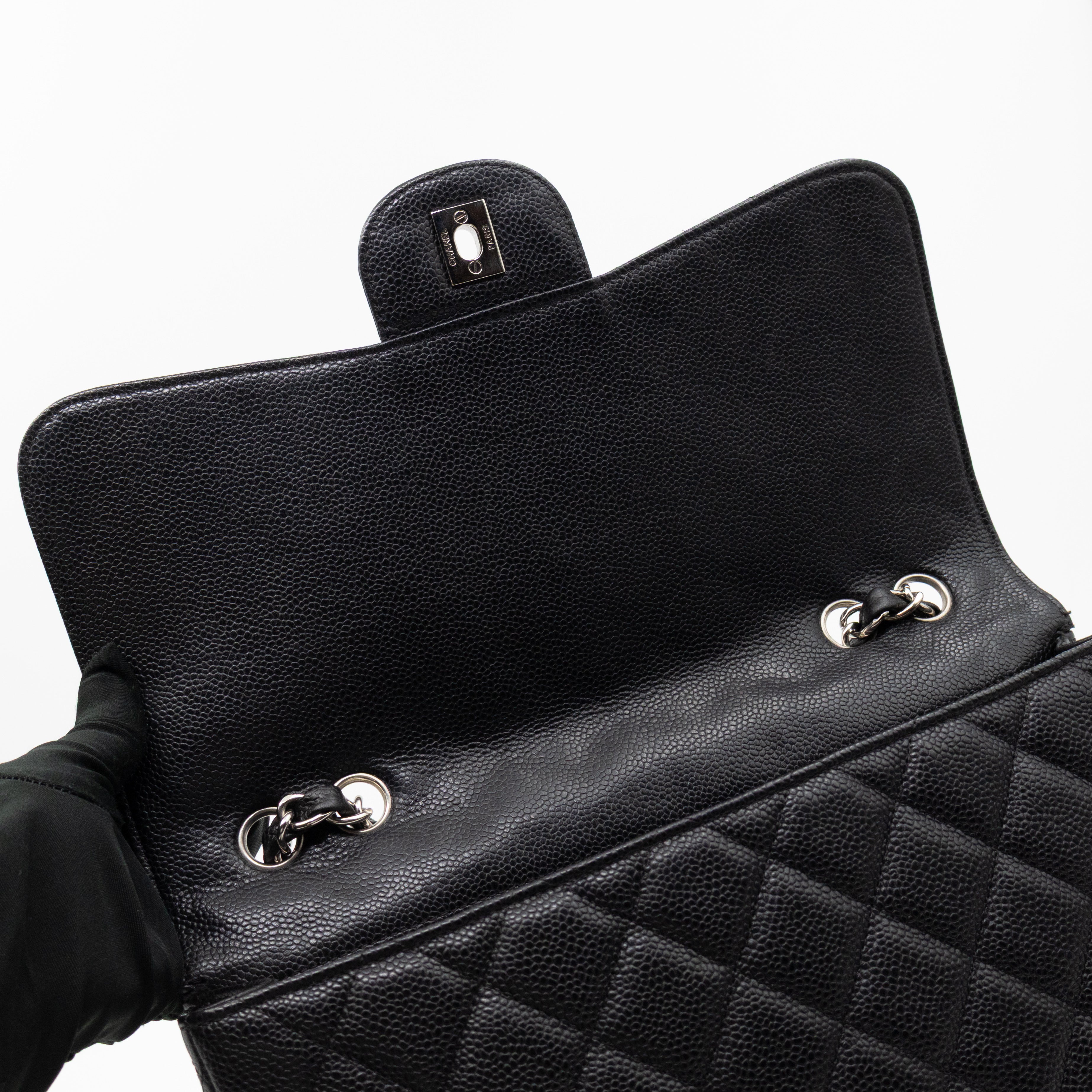 Classic Single Flap Jumbo Black Caviarskin Leather Silver