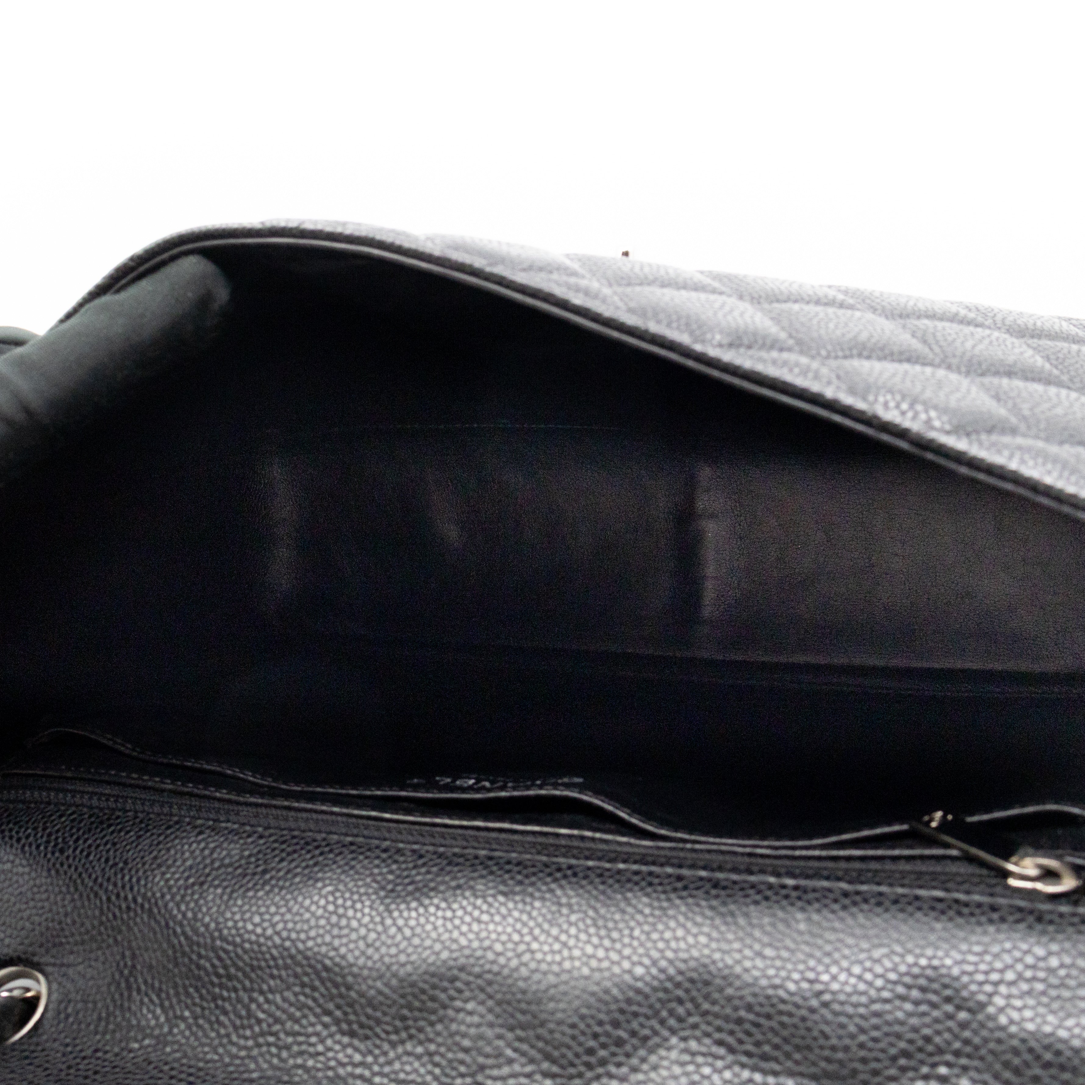 Classic Single Flap Jumbo Black Caviarskin Leather Silver