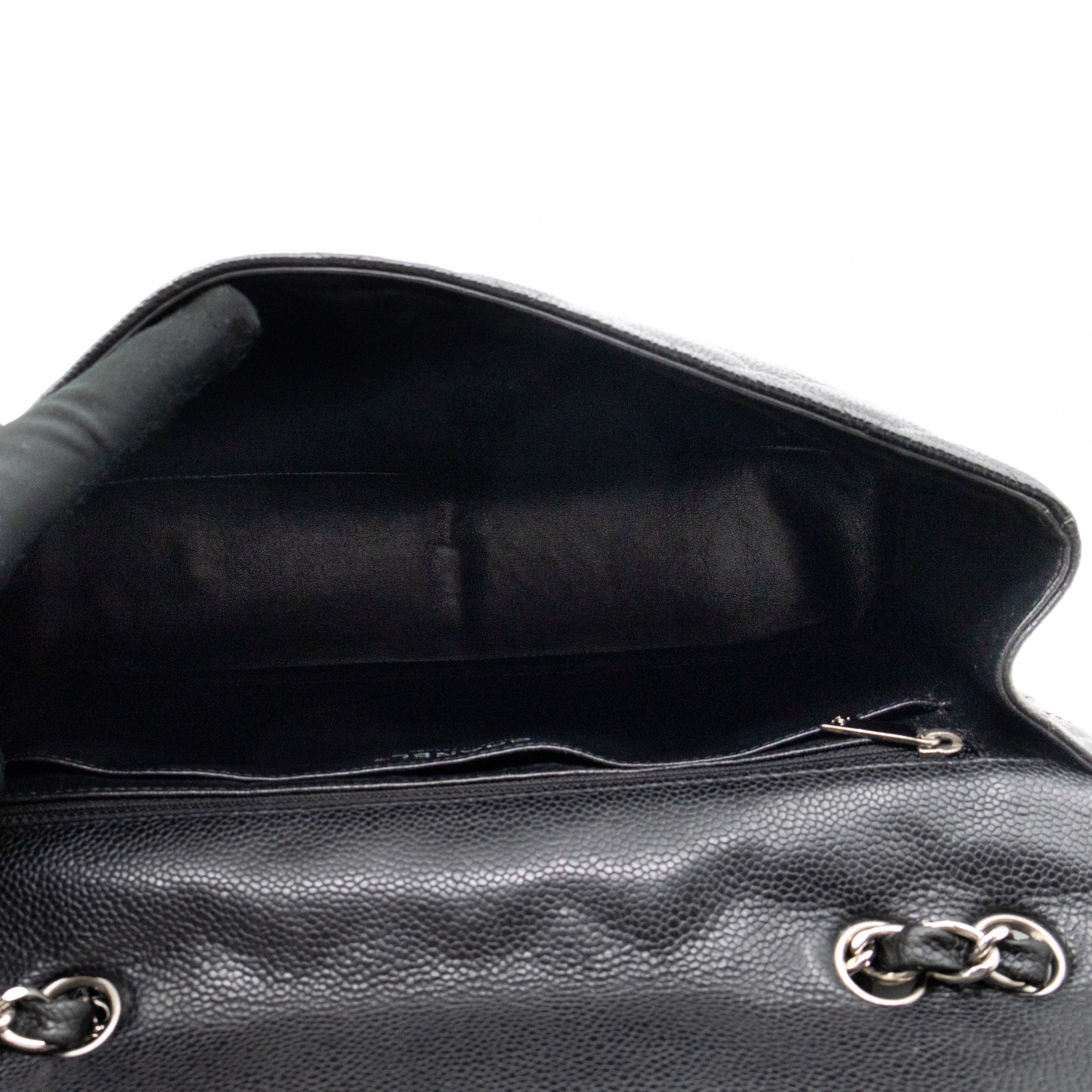 Classic Single Flap Jumbo Black Caviarskin Leather Silver
